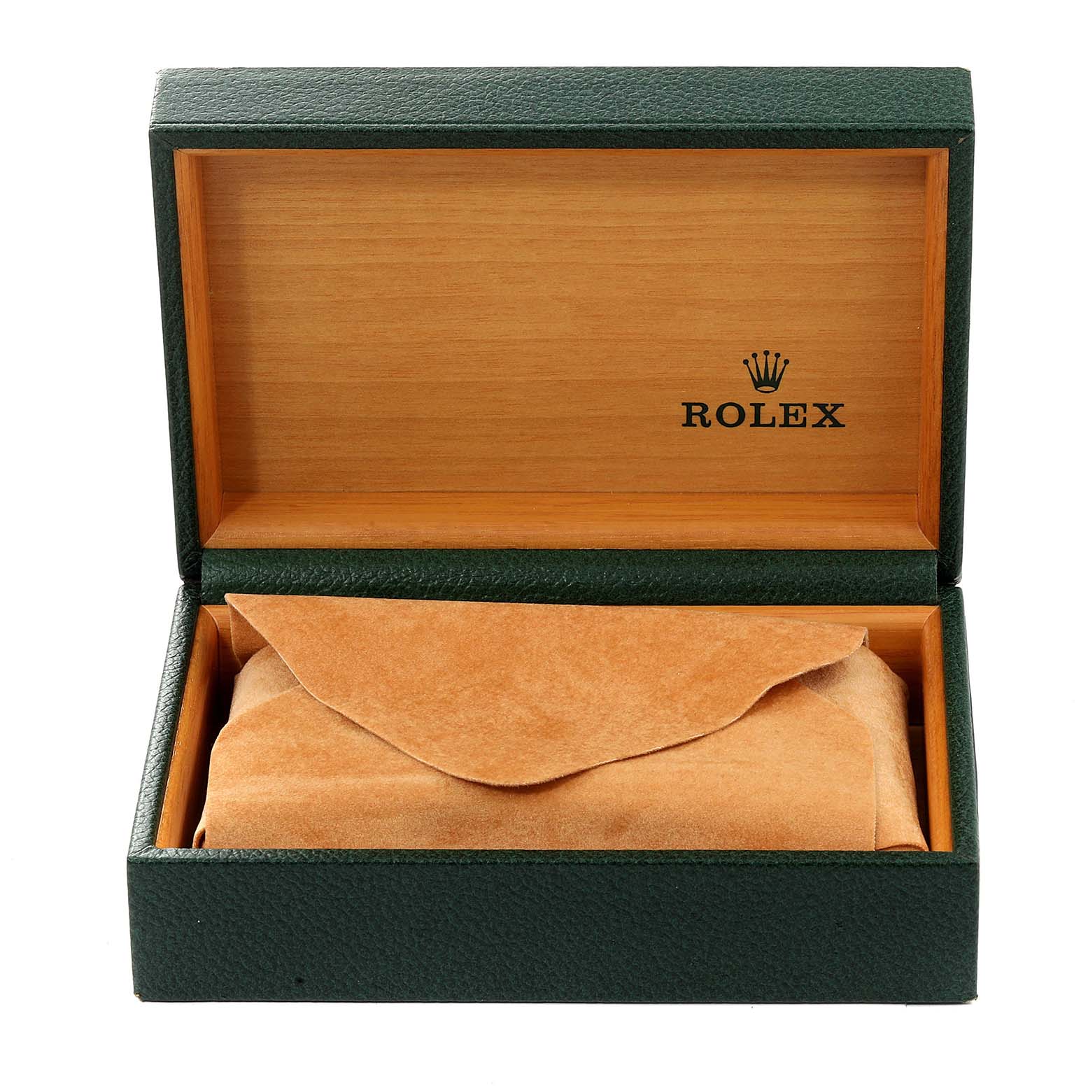 The image shows an open Rolex Datejust 16233 Men's Steel and Gold (two tone) Silver Dial 16233 Men's Steel and Gold (two tone) Silver Dial watch box, featuring a brown cloth inside and "Rolex" branding on the interior lid.