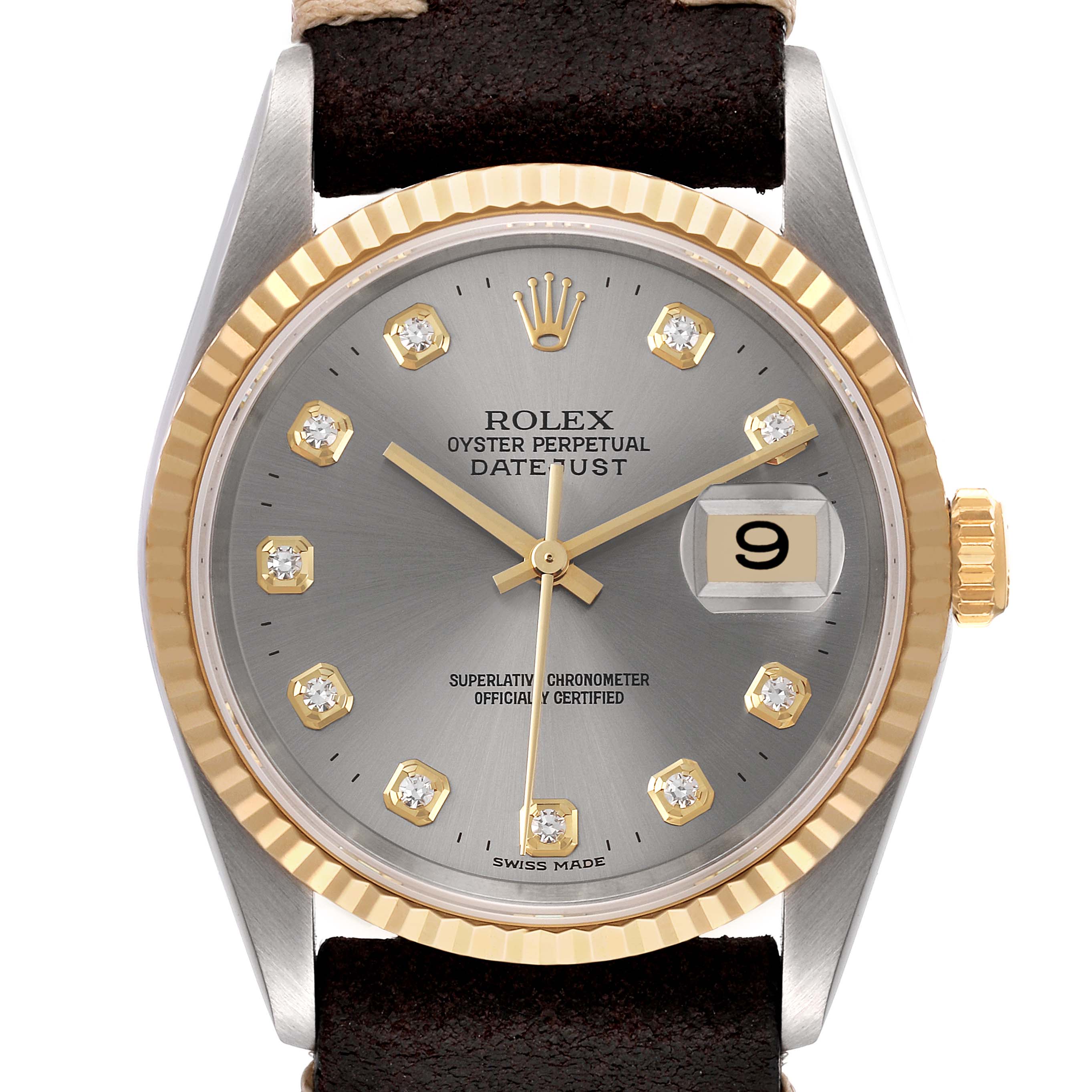 This image shows a close-up, front-facing view of a Rolex Datejust 16233 Men's Steel and Gold (two tone) Silver Dial 16233 Men's Steel and Gold (two tone) Silver Dial model, displaying its dial, gold bezel, and date indicator at 3 o'clock.