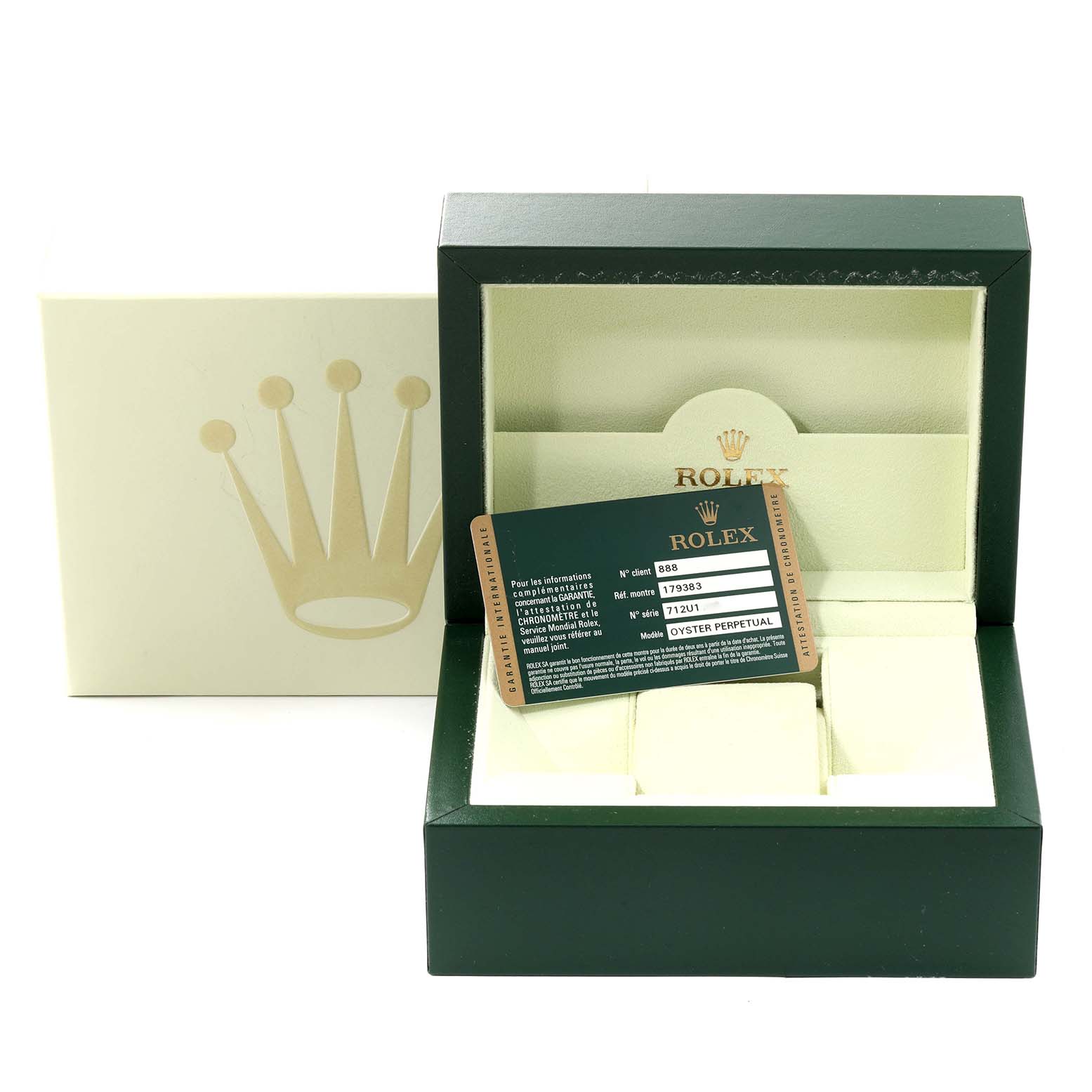 The image shows a green Rolex Datejust 179383 Women's Steel and Gold (two tone) Silver Dial 179383 Women's Steel and Gold (two tone) Silver Dial watch box and certificate card at a front angle.