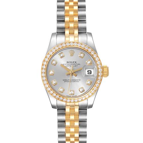 This is a front view of the Rolex Datejust showing the dial, bezel, crown, and bracelet.