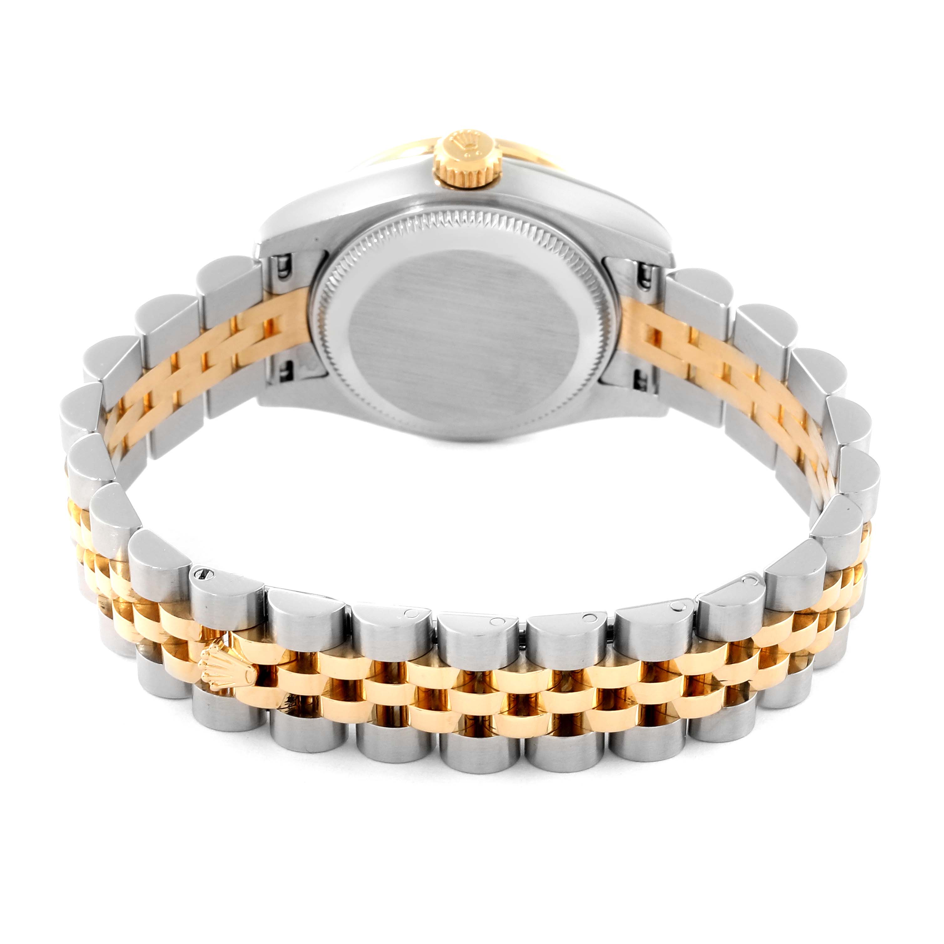 The image shows the back of the Rolex Datejust 179383 Women's Steel and Gold (two tone) Silver Dial 179383 Women's Steel and Gold (two tone) Silver Dial watch, highlighting the two-tone bracelet and the watch's case back.
