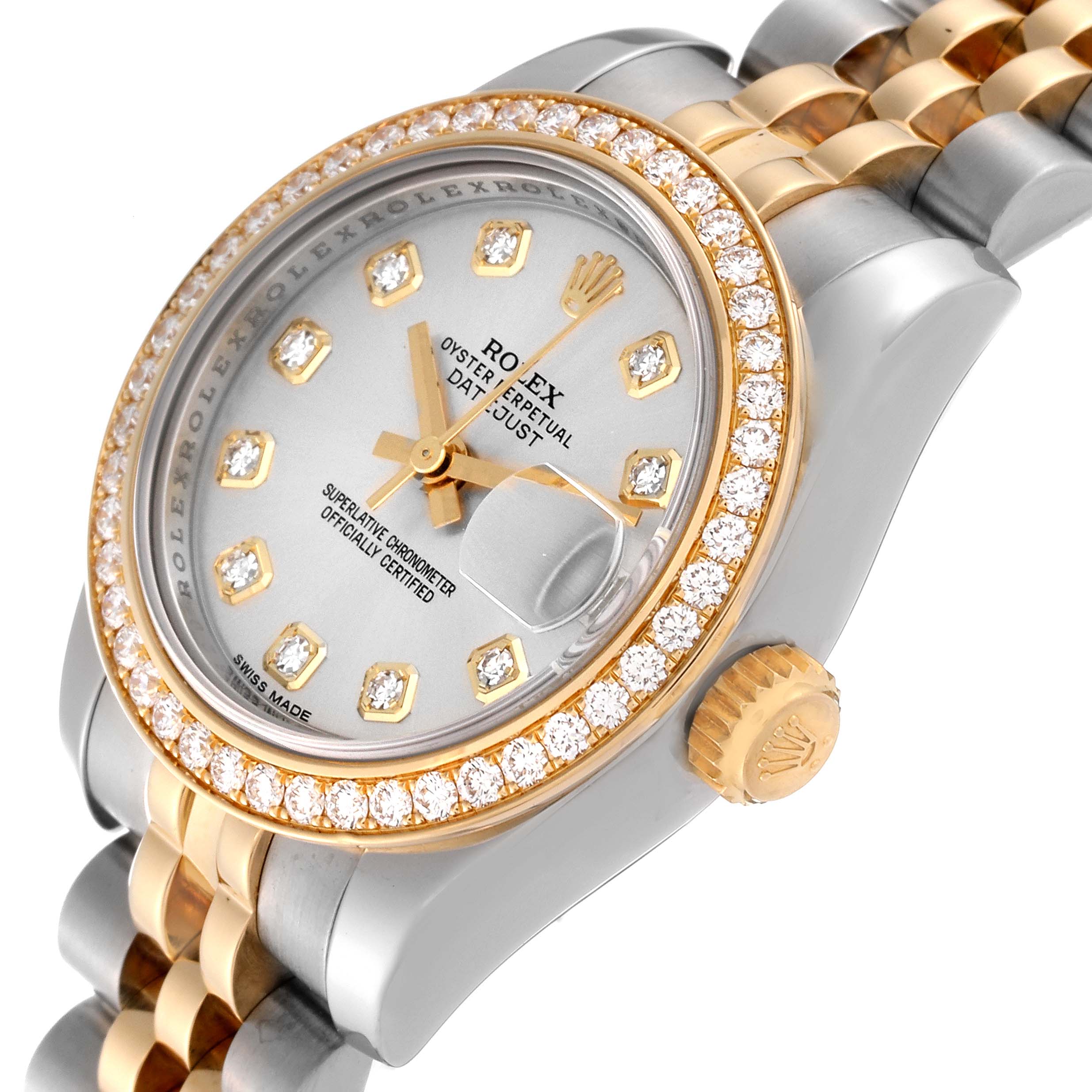 The image shows a tilted close-up of the Rolex Datejust 179383 Women's Steel and Gold (two tone) Silver Dial 179383 Women's Steel and Gold (two tone) Silver Dial watch, focusing on the diamond-set bezel, dial, crown, and part of the bracelet.