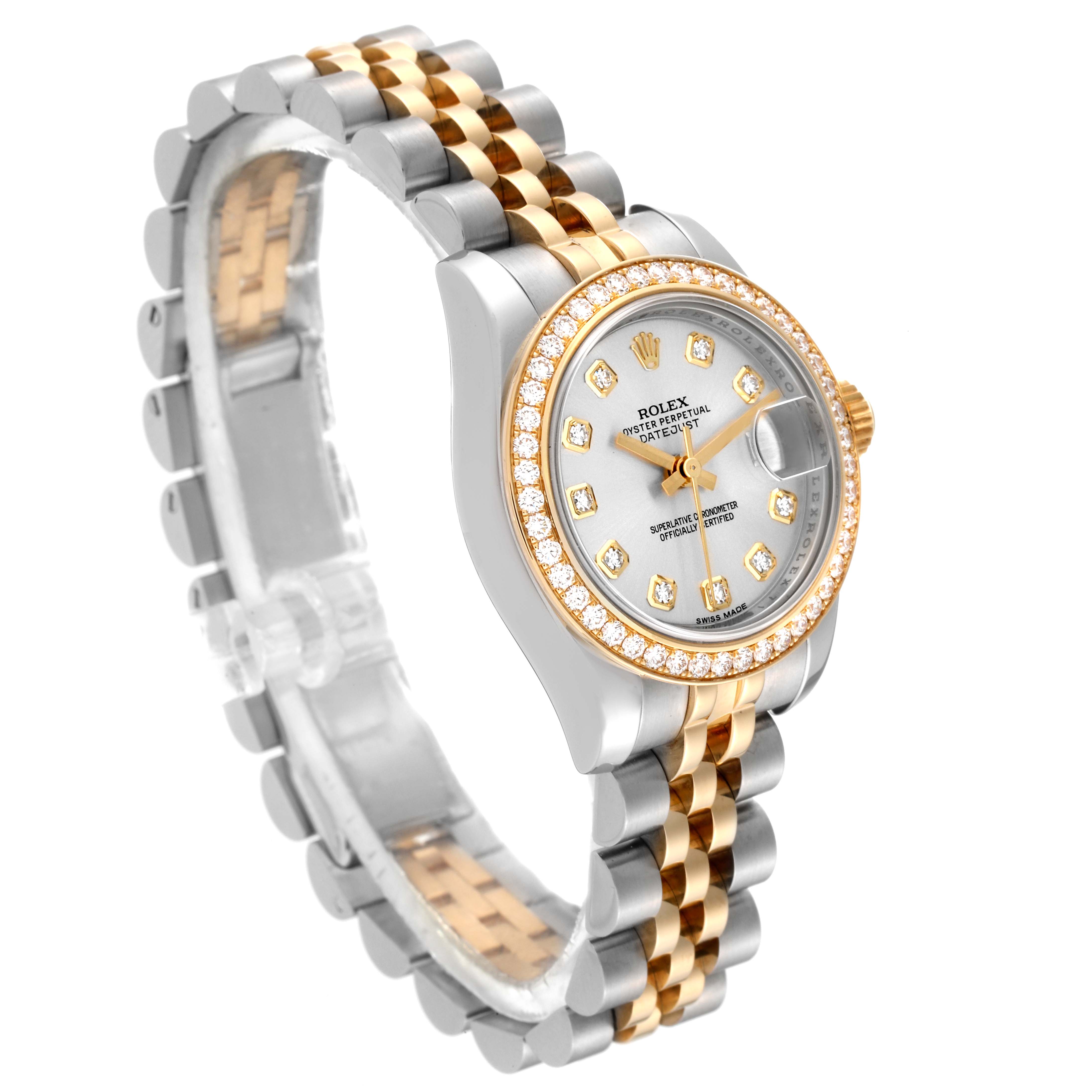 The image shows a Rolex Datejust 179383 Women's Steel and Gold (two tone) Silver Dial 179383 Women's Steel and Gold (two tone) Silver Dial watch at a three-quarter angle, highlighting its bezel, dial, and two-tone bracelet.