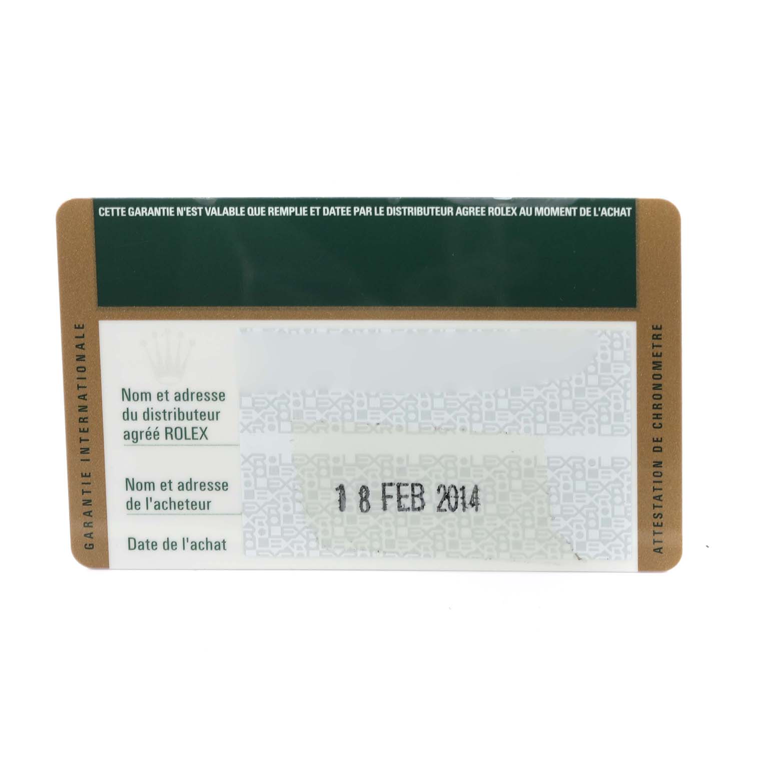 This image shows a warranty card for the Rolex Datejust 179383 Women's Steel and Gold (two tone) Silver Dial 179383 Women's Steel and Gold (two tone) Silver Dial model, dated 18 February 2014.