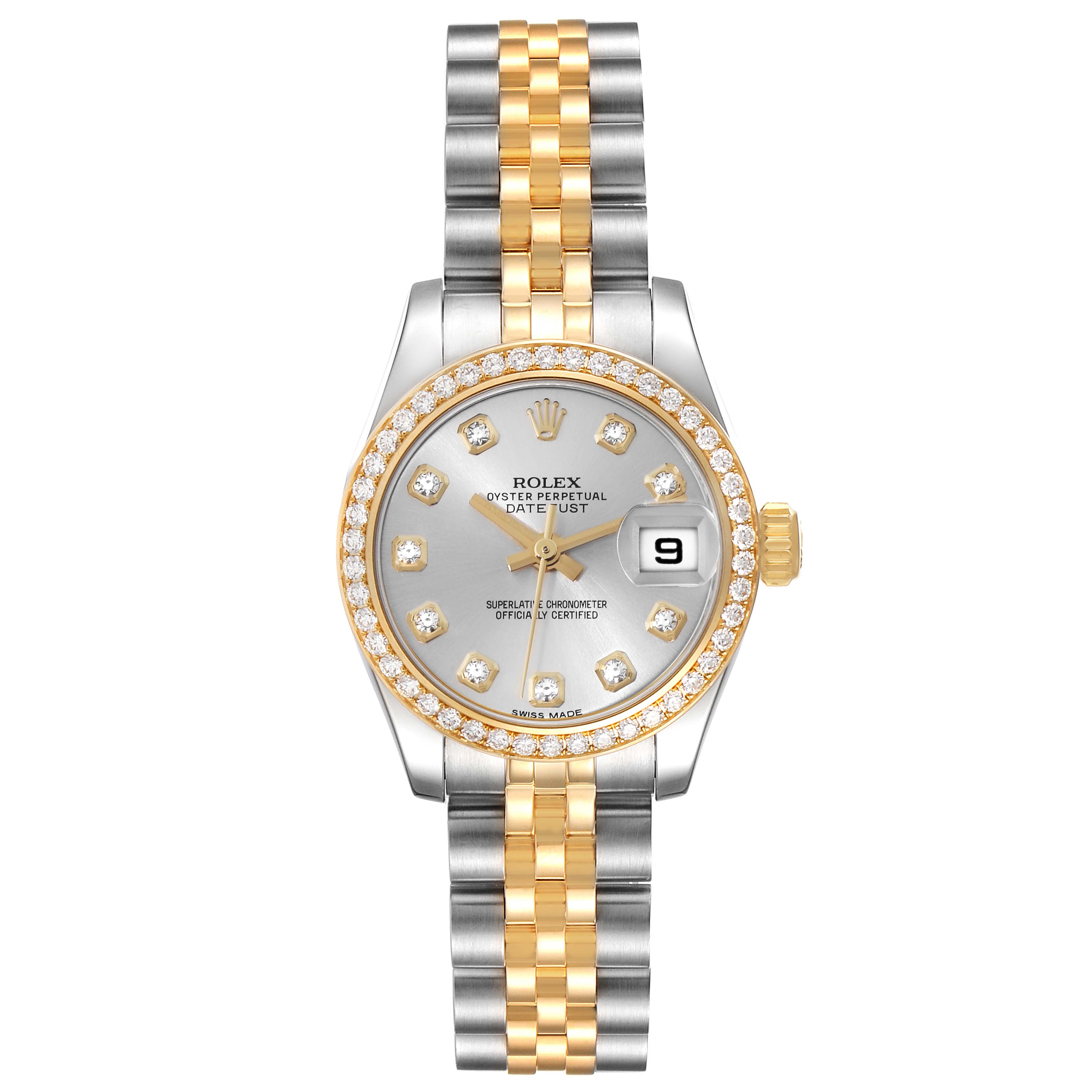 This Rolex Datejust 179383 Women's Steel and Gold (two tone) Silver Dial 179383 Women's Steel and Gold (two tone) Silver Dial watch is shown from a front angle, displaying the face, bezel, and part of the bracelet.