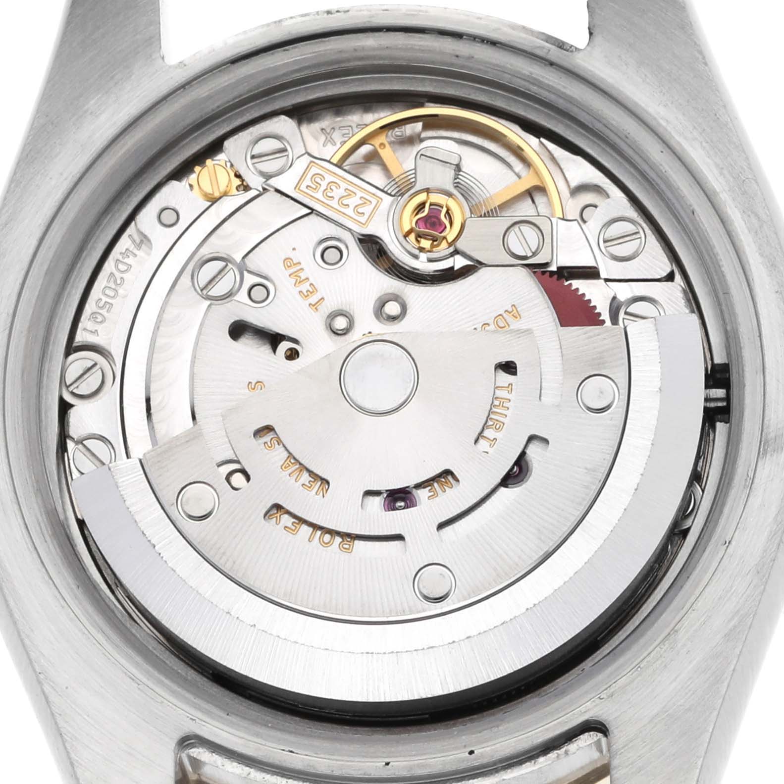 This image shows a close-up of the movement mechanism of the Rolex Datejust 179383 Women's Steel and Gold (two tone) Silver Dial 179383 Women's Steel and Gold (two tone) Silver Dial watch.