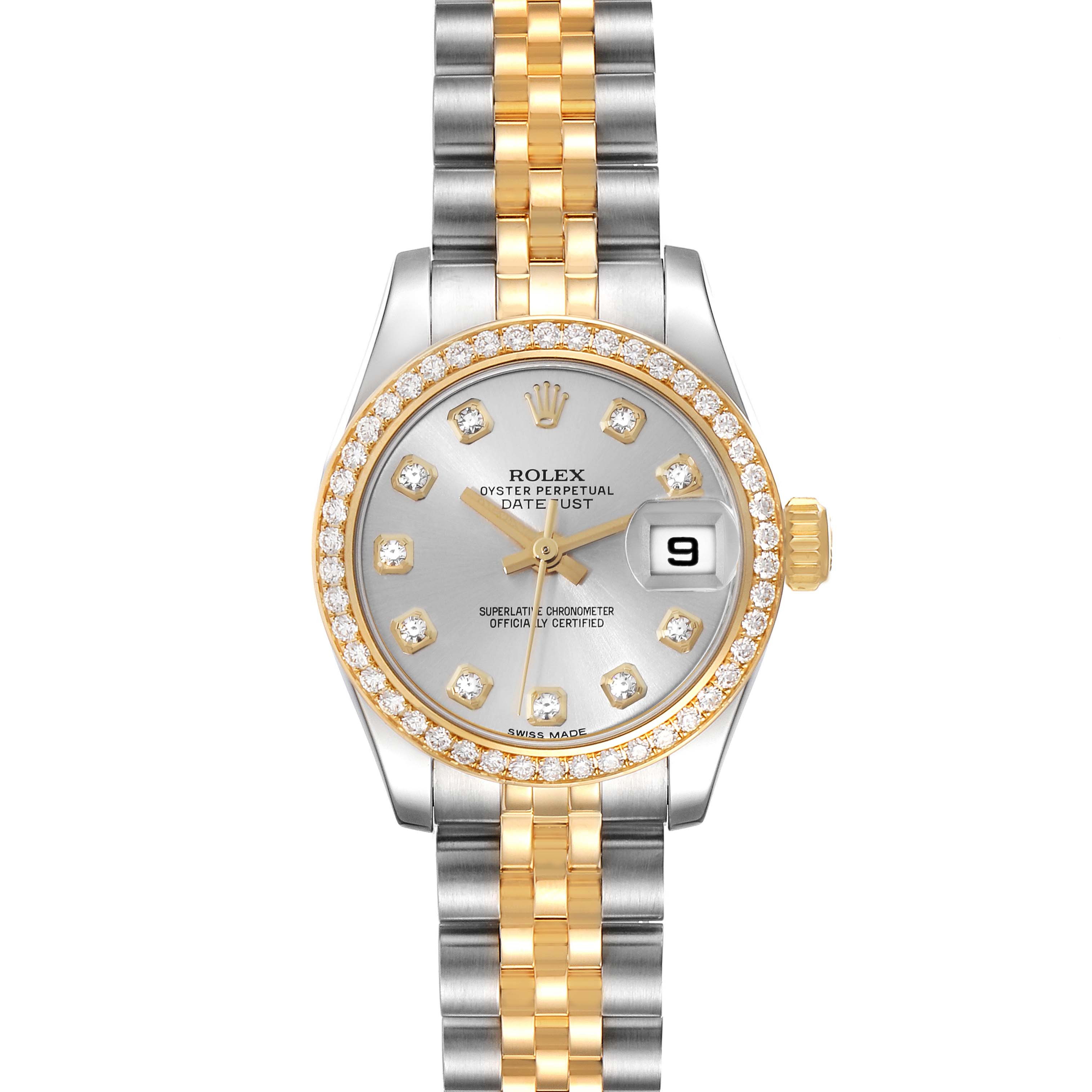 This is a front view of a Rolex Datejust 179383 Women's Steel and Gold (two tone) Silver Dial 179383 Women's Steel and Gold (two tone) Silver Dial watch displaying the face, bezel, and part of the bracelet.