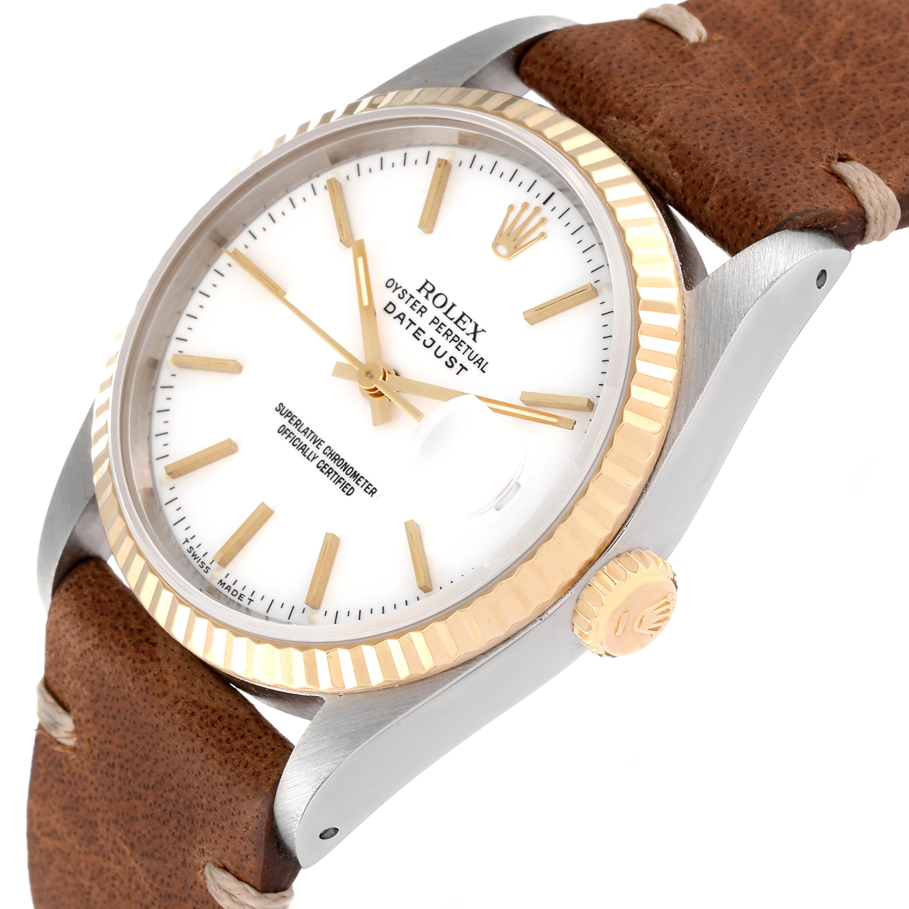 The image shows a Rolex Datejust 16233 Men's Steel and Gold (two tone) White Dial 16233 Men's Steel and Gold (two tone) White Dial watch at an angled view, highlighting the dial, fluted bezel, crown, and leather strap.