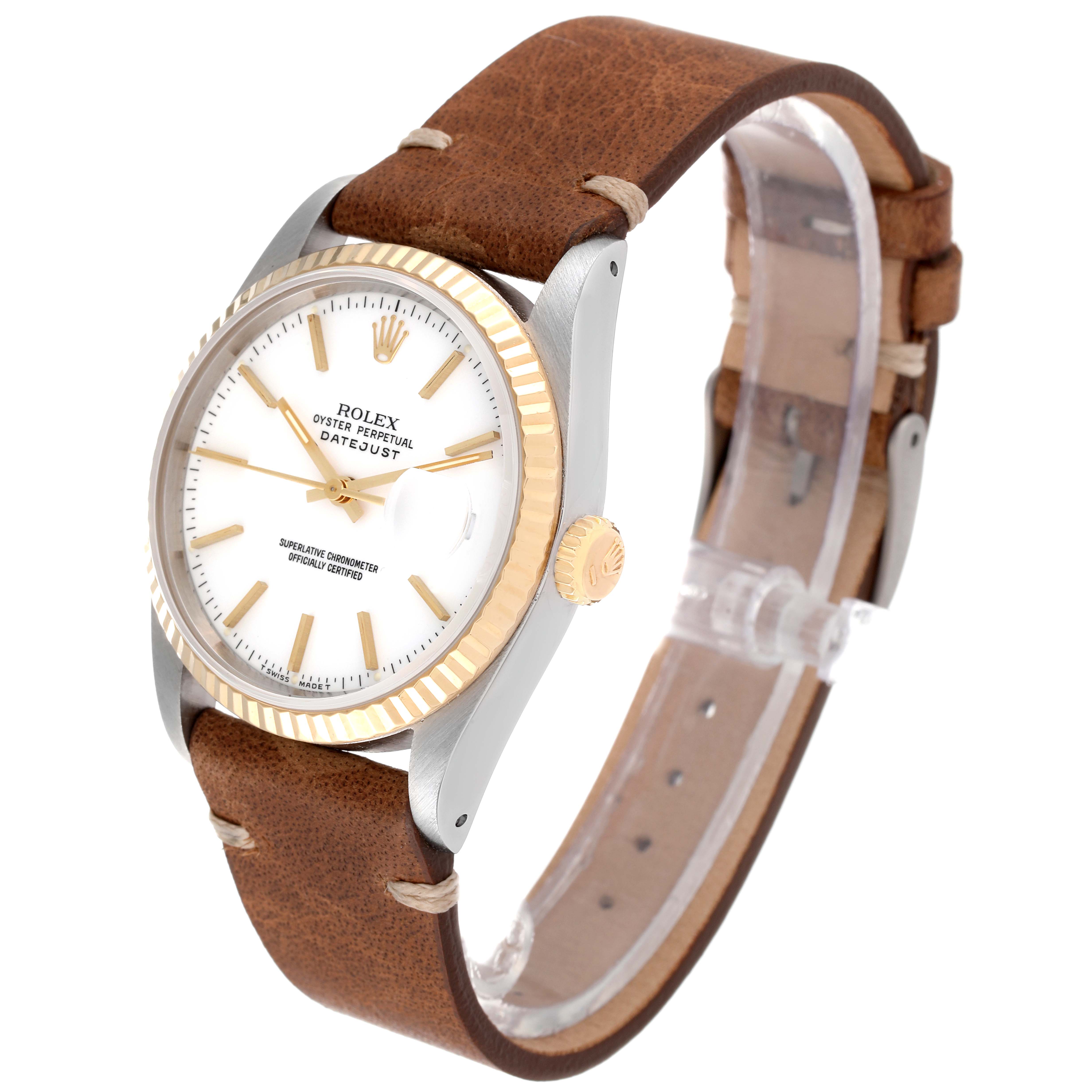 The Rolex Datejust 16233 Men's Steel and Gold (two tone) White Dial 16233 Men's Steel and Gold (two tone) White Dial watch is shown at an angle, highlighting the face, bezel, crown, and brown leather strap.