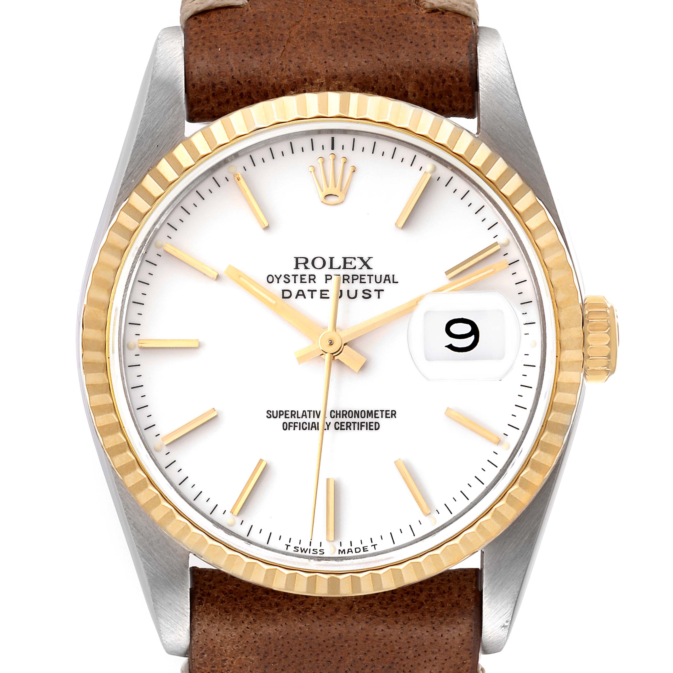 The image shows a frontal view of a Rolex Datejust 16233 Men's Steel and Gold (two tone) White Dial 16233 Men's Steel and Gold (two tone) White Dial watch with a white dial, gold hour markers, and a brown leather strap.