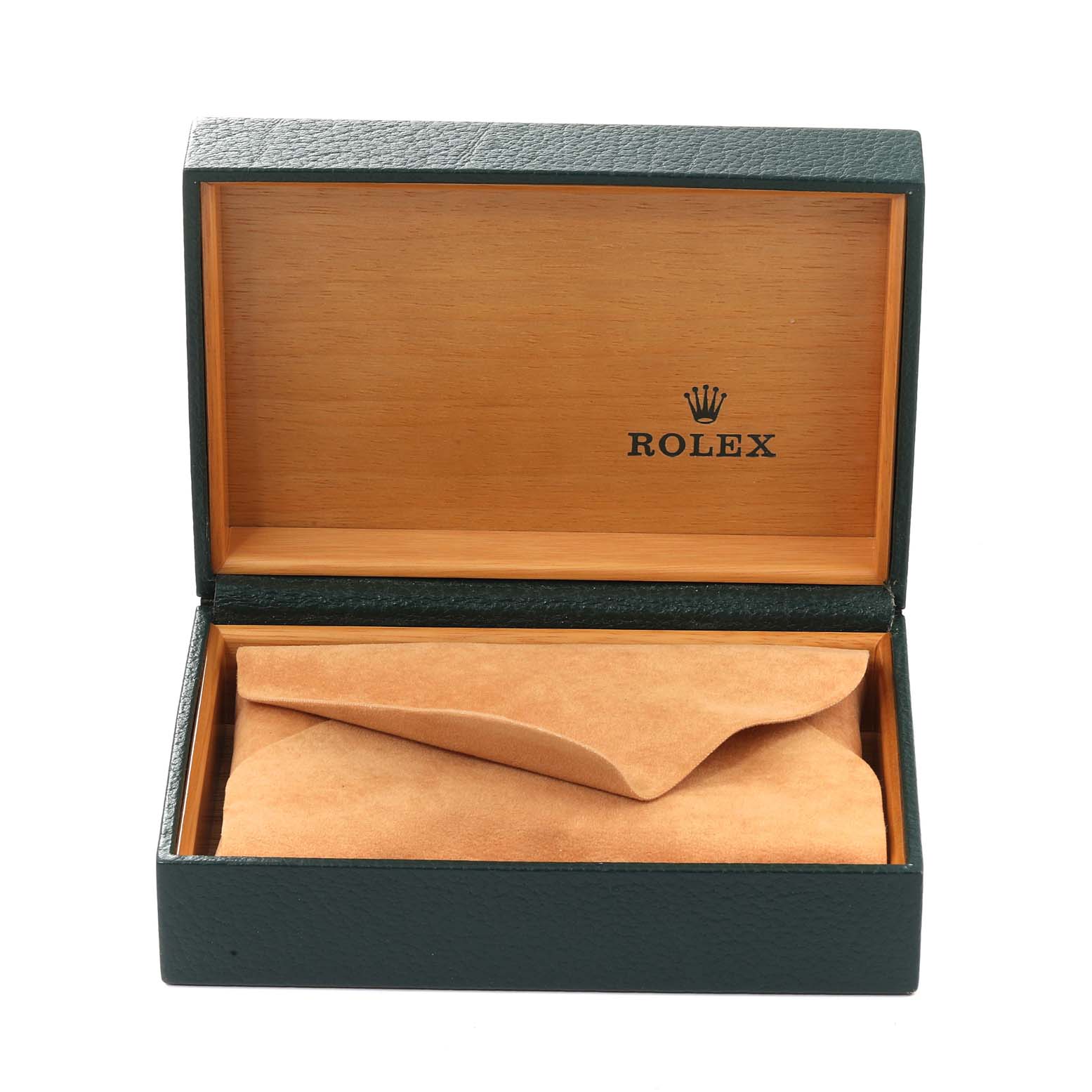 This is an open Rolex Datejust 16233 Men's Steel and Gold (two tone) White Dial 16233 Men's Steel and Gold (two tone) White Dial watch box, showing its interior with a brown suede pouch inside.