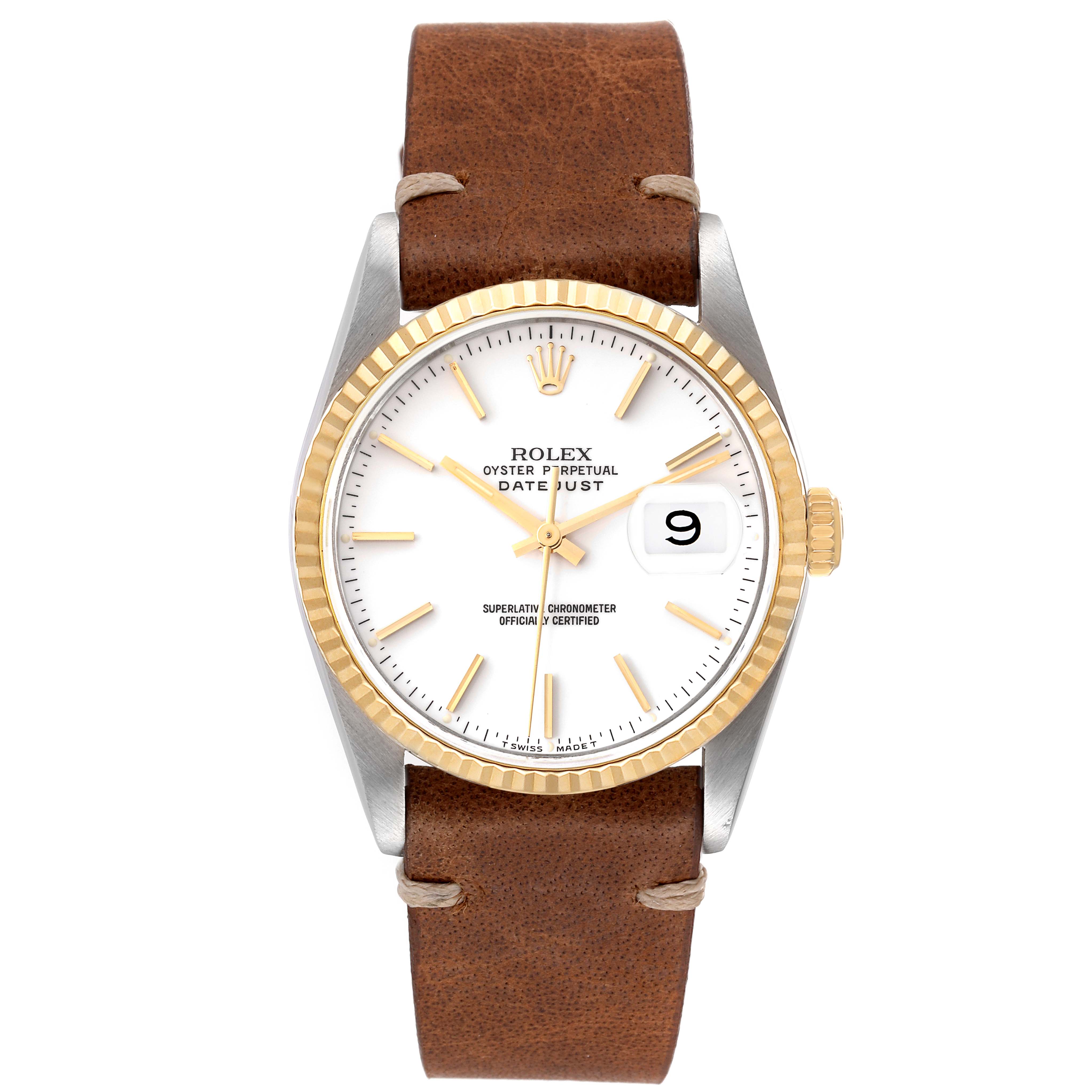 This image shows the front view of a Rolex Datejust 16233 Men's Steel and Gold (two tone) White Dial 16233 Men's Steel and Gold (two tone) White Dial watch with a white dial, gold fluted bezel, and brown leather strap.