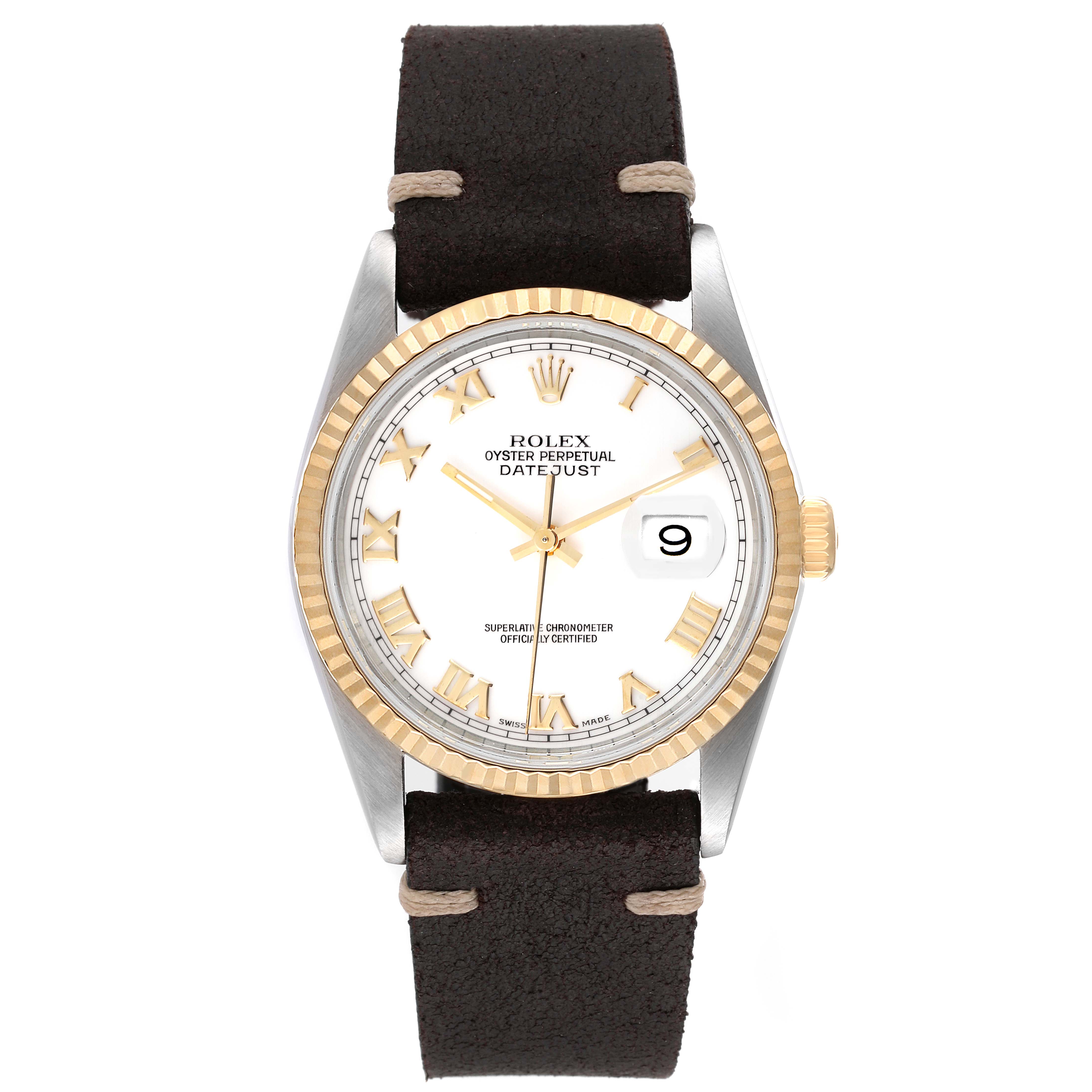 The image shows a front view of the Rolex Datejust 16233 Men's Steel and Gold (two tone) White Dial 16233 Men's Steel and Gold (two tone) White Dial watch, highlighting its dial, bezel, and brown leather strap.