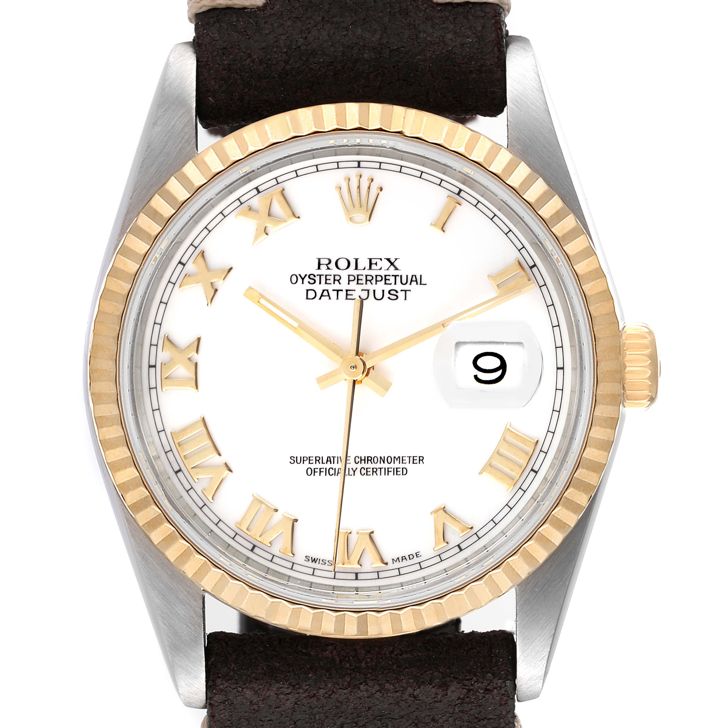 This image shows a frontal view of a Rolex Datejust 16233 Men's Steel and Gold (two tone) White Dial 16233 Men's Steel and Gold (two tone) White Dial watch, highlighting the dial, bezel, hands, and date window.