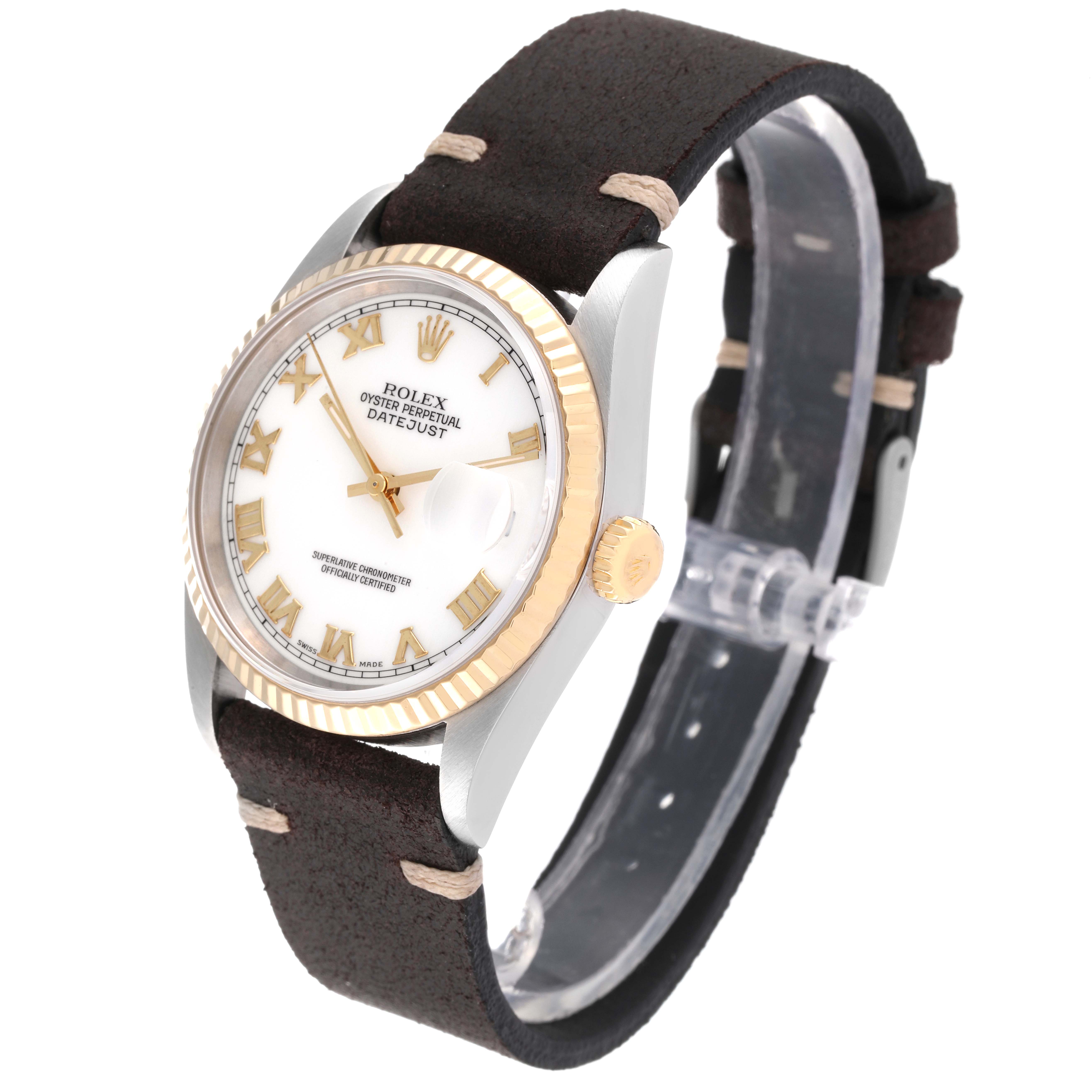 The Rolex Datejust 16233 Men's Steel and Gold (two tone) White Dial 16233 Men's Steel and Gold (two tone) White Dial watch is shown at a diagonal angle, displaying the face, crown, bezel, and leather strap.