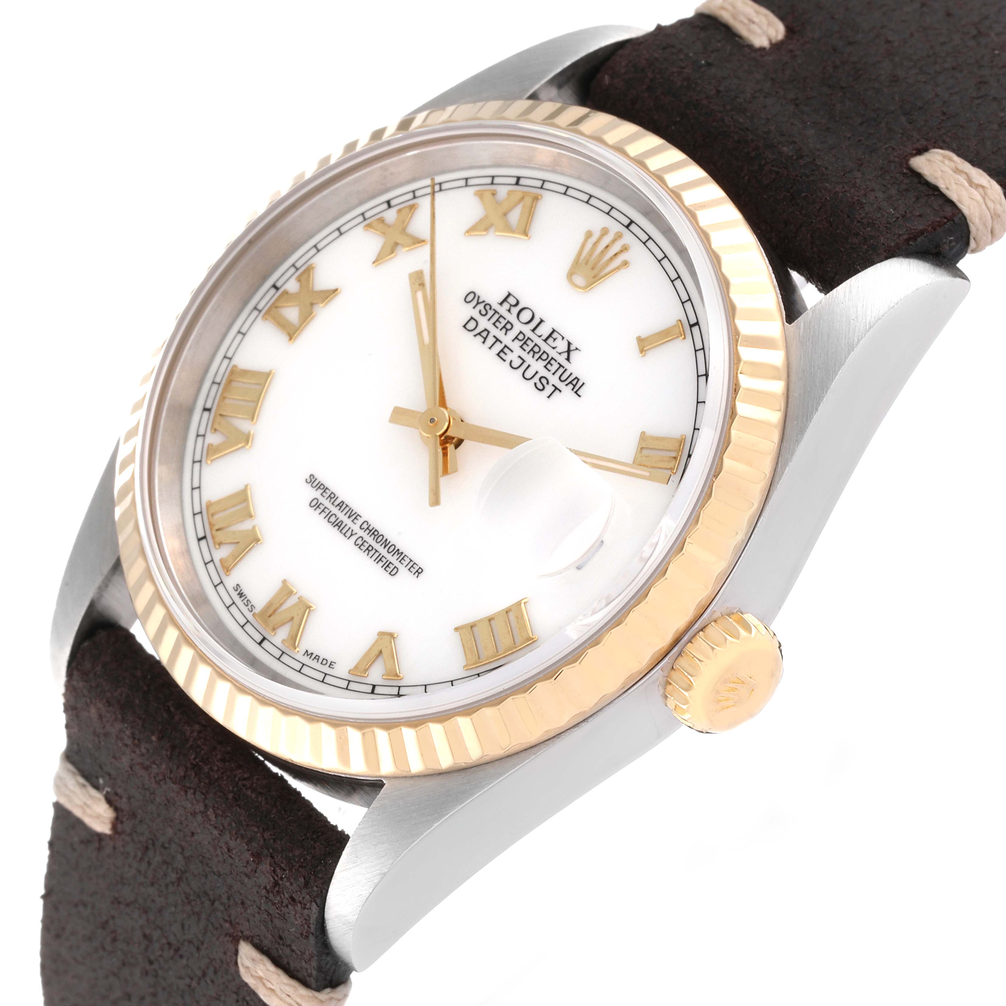 This image shows a Rolex Datejust 16233 Men's Steel and Gold (two tone) White Dial 16233 Men's Steel and Gold (two tone) White Dial watch at an angled view, highlighting its face, bezel, crown, and leather strap.