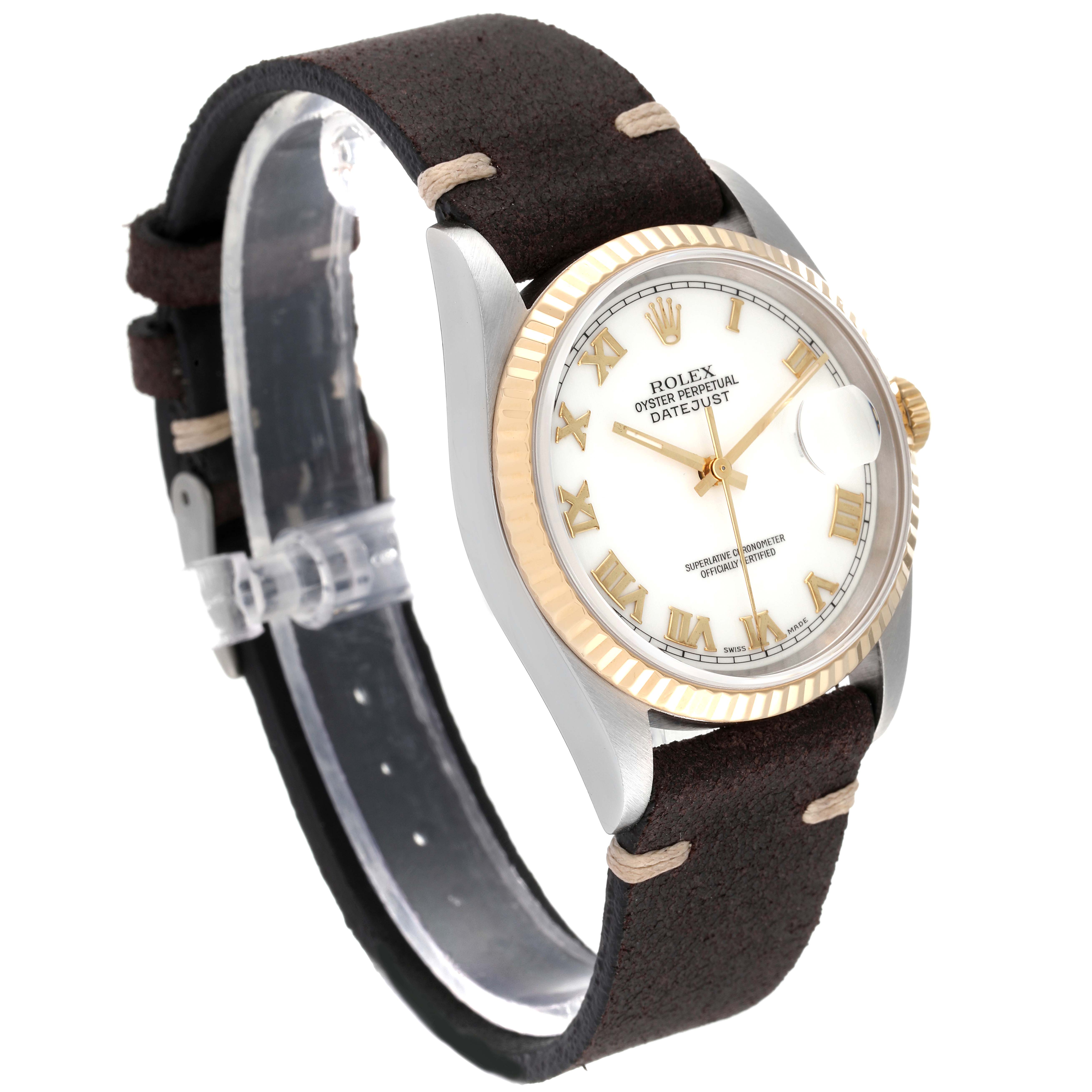 This is a Rolex Datejust 16233 Men's Steel and Gold (two tone) White Dial 16233 Men's Steel and Gold (two tone) White Dial watch shown from an angled side view, displaying the face, bezel, crown, and band.