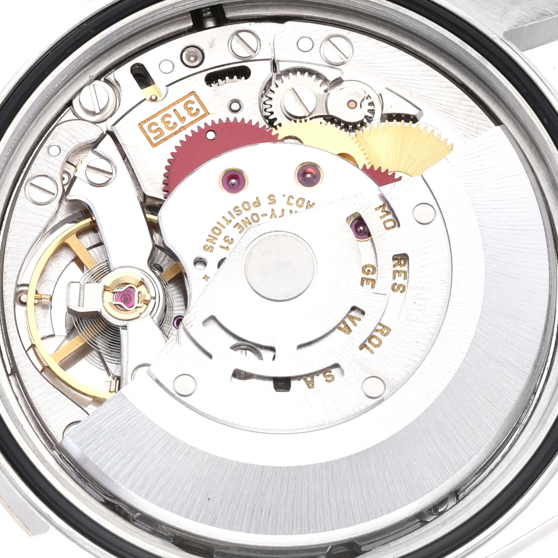 The image shows the internal mechanism of a Rolex Datejust 16233 Men's Steel and Gold (two tone) White Dial 16233 Men's Steel and Gold (two tone) White Dial watch viewed from the back.