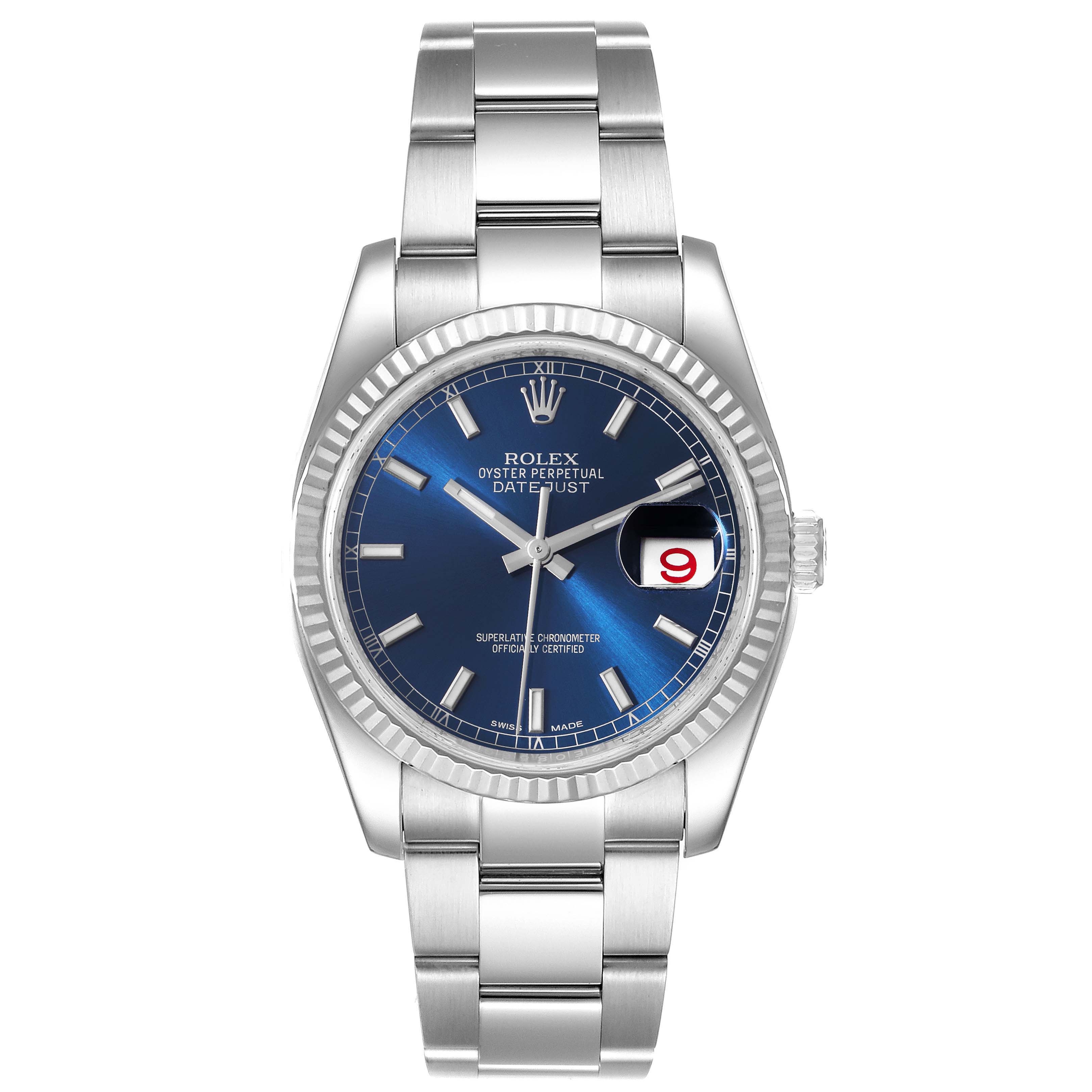 This image shows a front view of a Rolex Datejust 116234 Men's Stainless Steel Blue Dial 116234 Men's Stainless Steel Blue Dial watch, displaying its face, bezel, and bracelet.