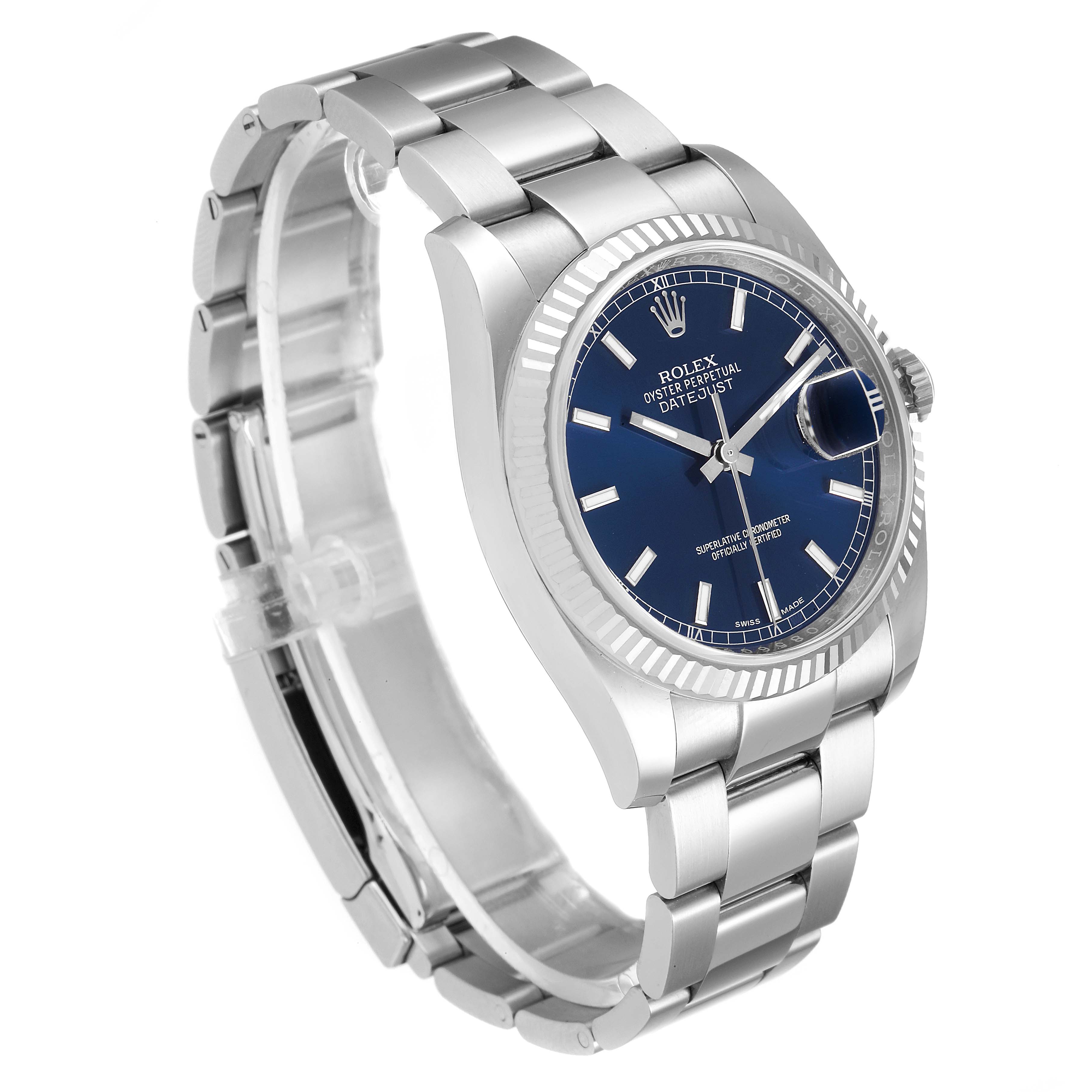 The Rolex Datejust 116234 Men's Stainless Steel Blue Dial 116234 Men's Stainless Steel Blue Dial watch is shown at a three-quarter angle displaying its face, bezel, and bracelet.