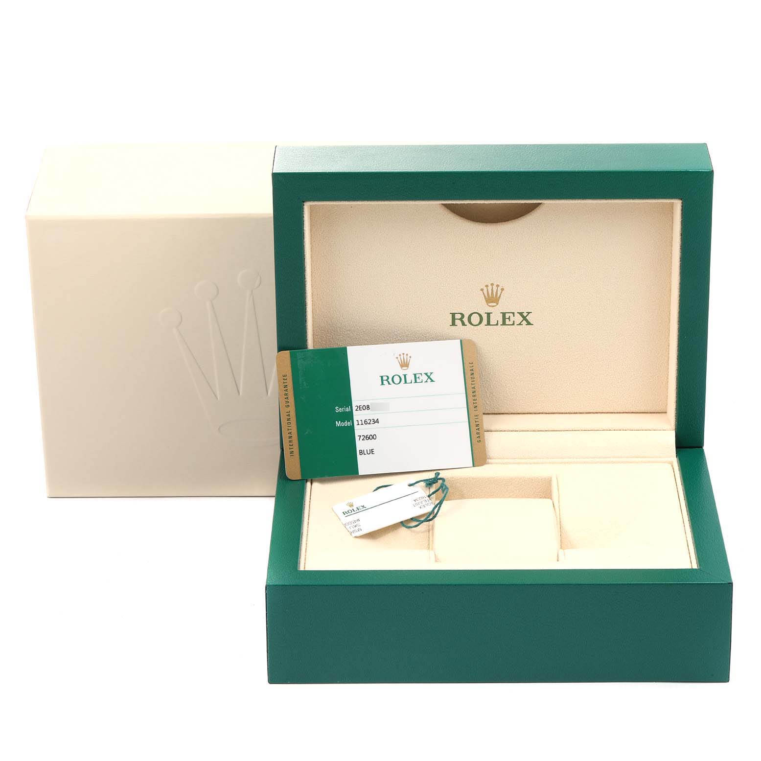 The image shows the open packaging box, warranty card, and tags of a Rolex Datejust 116234 Men's Stainless Steel Blue Dial 116234 Men's Stainless Steel Blue Dial model watch.