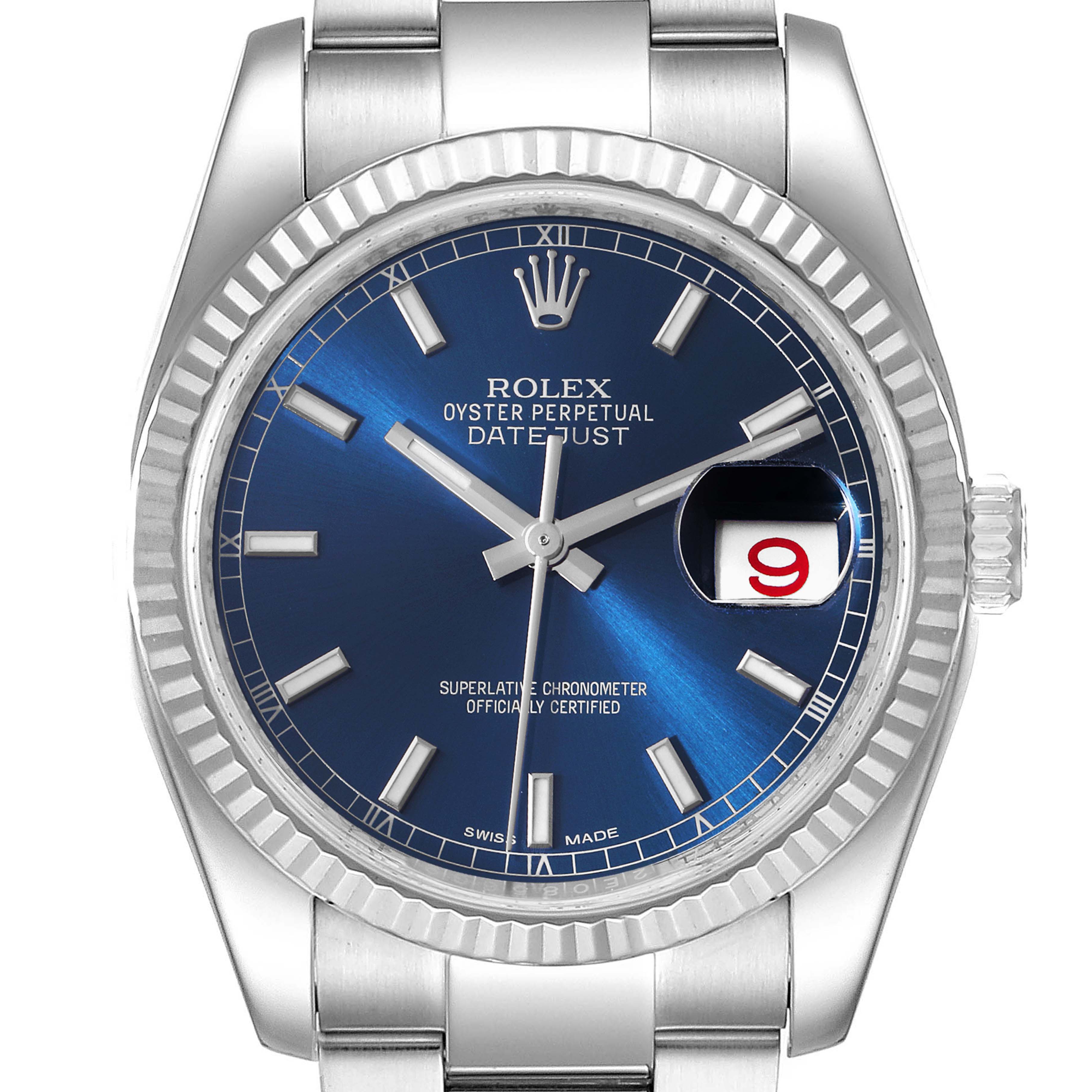 The image shows a frontal view of a Rolex Datejust 116234 Men's Stainless Steel Blue Dial 116234 Men's Stainless Steel Blue Dial watch, highlighting the blue dial, date window, and fluted bezel.
