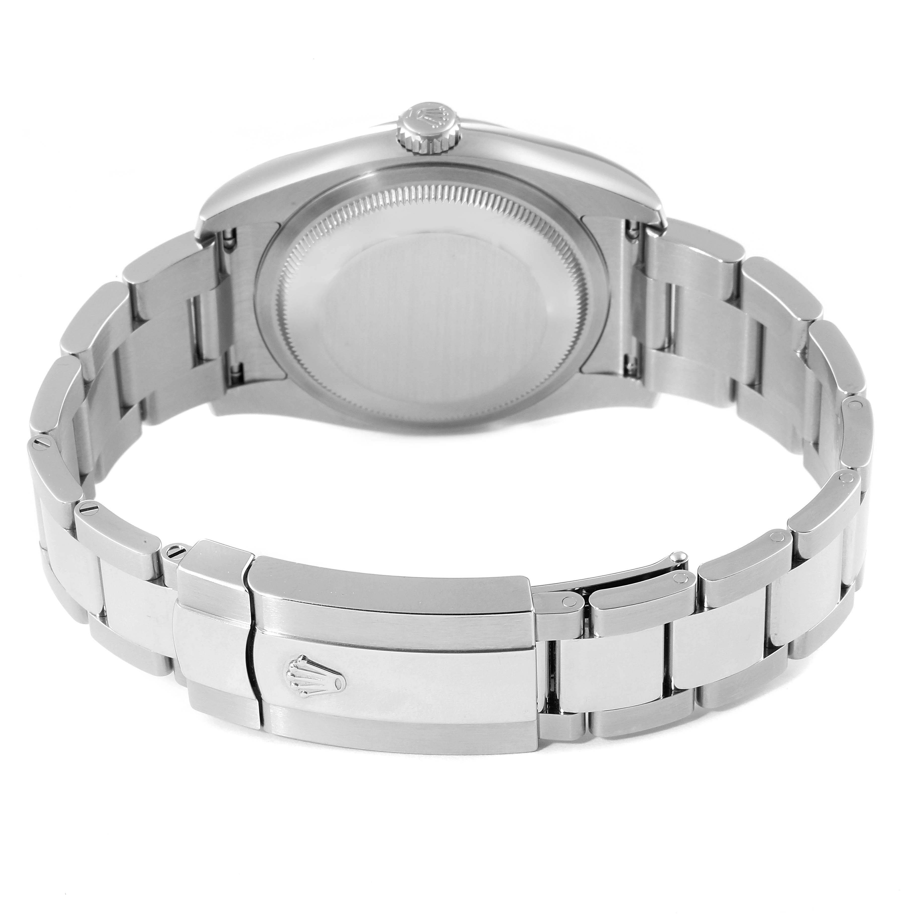 The image shows the back and clasp of the Rolex Datejust 116234 Men's Stainless Steel Blue Dial 116234 Men's Stainless Steel Blue Dial watch, highlighting its stainless steel bracelet.