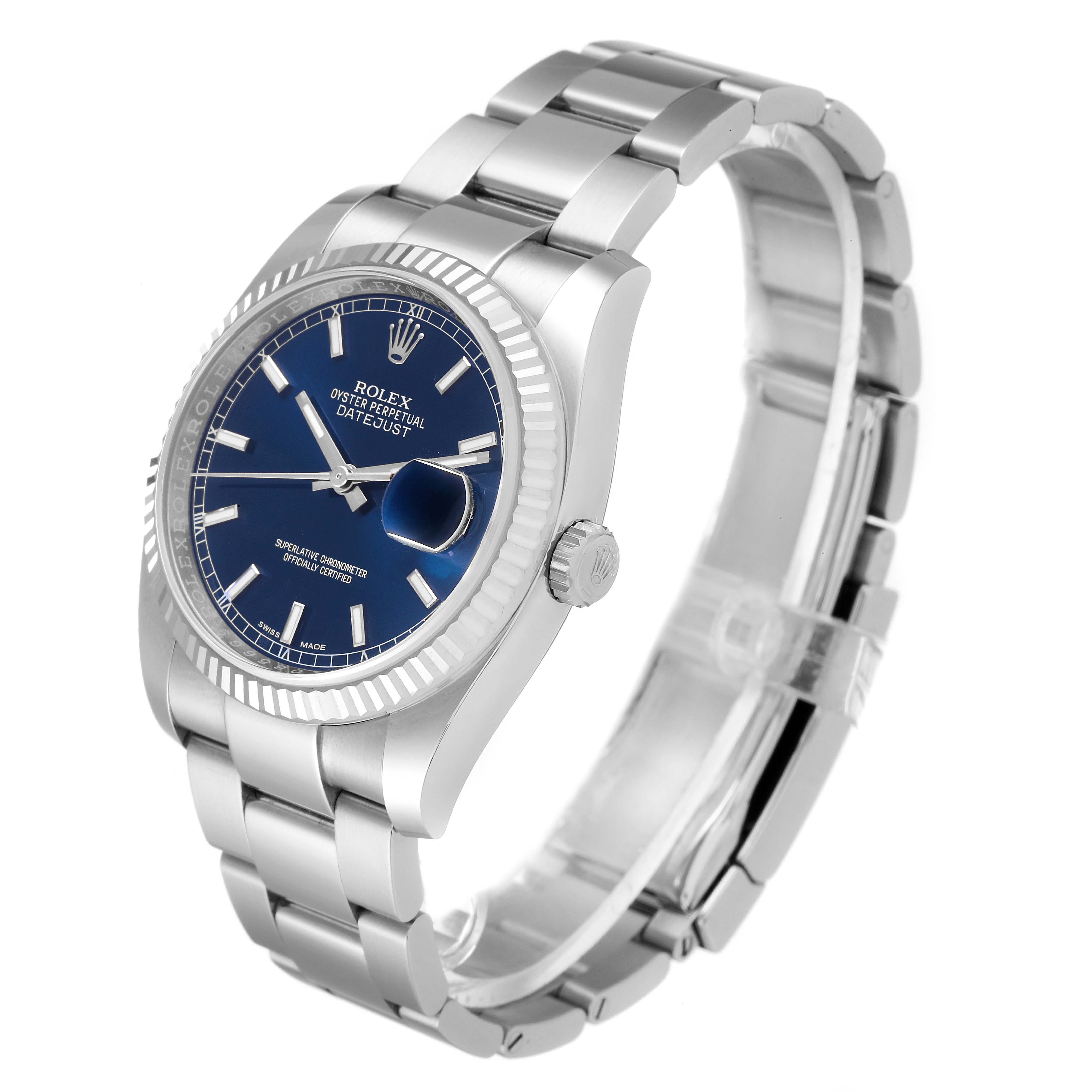 The image shows a Rolex Datejust 116234 Men's Stainless Steel Blue Dial 116234 Men's Stainless Steel Blue Dial watch at a three-quarter angle, highlighting the face, bezel, crown, and bracelet.