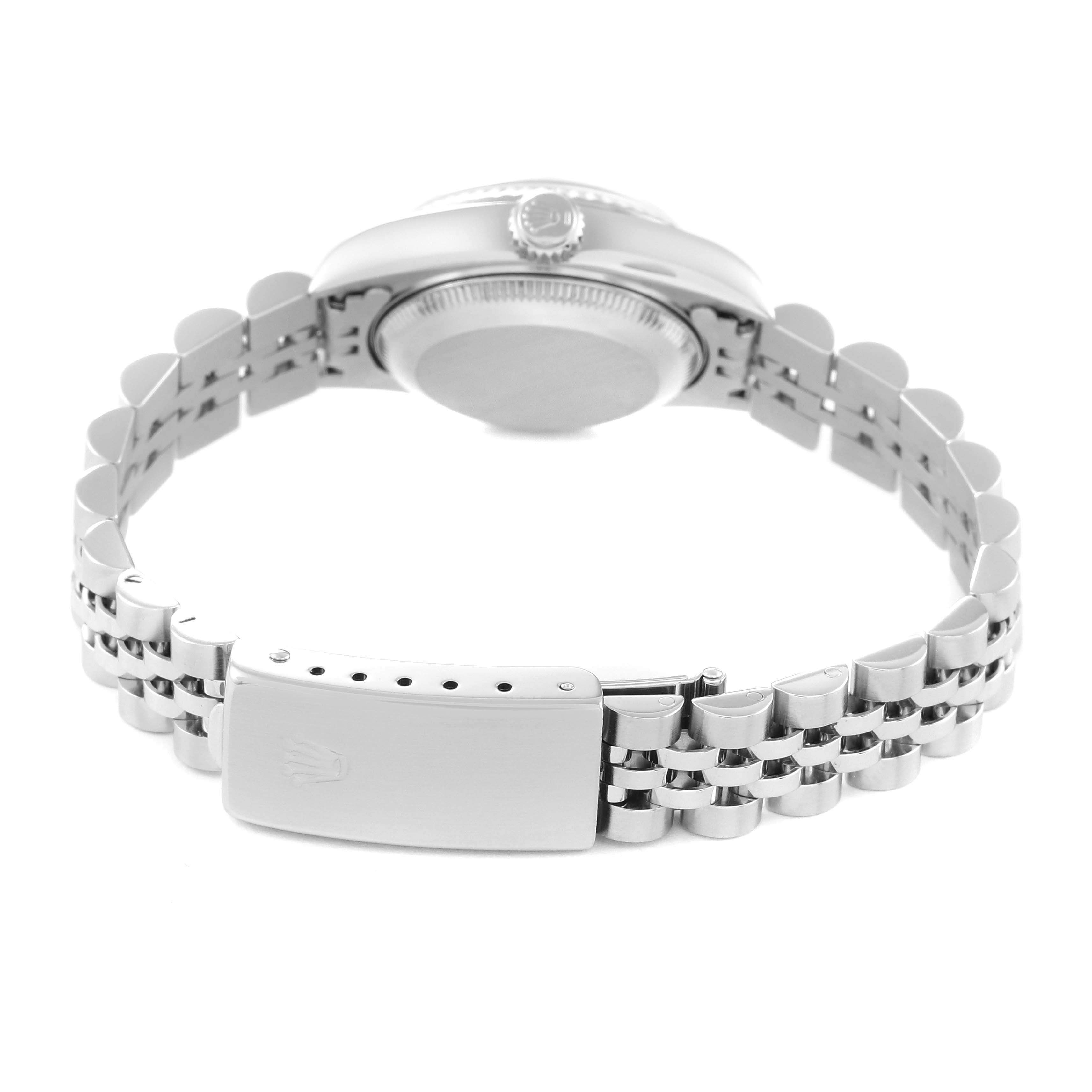 The image shows the back and clasp of a Rolex Datejust 79174 Women's Stainless Steel Blue Dial 79174 Women's Stainless Steel Blue Dial watch, highlighting its Jubilee bracelet and back case.