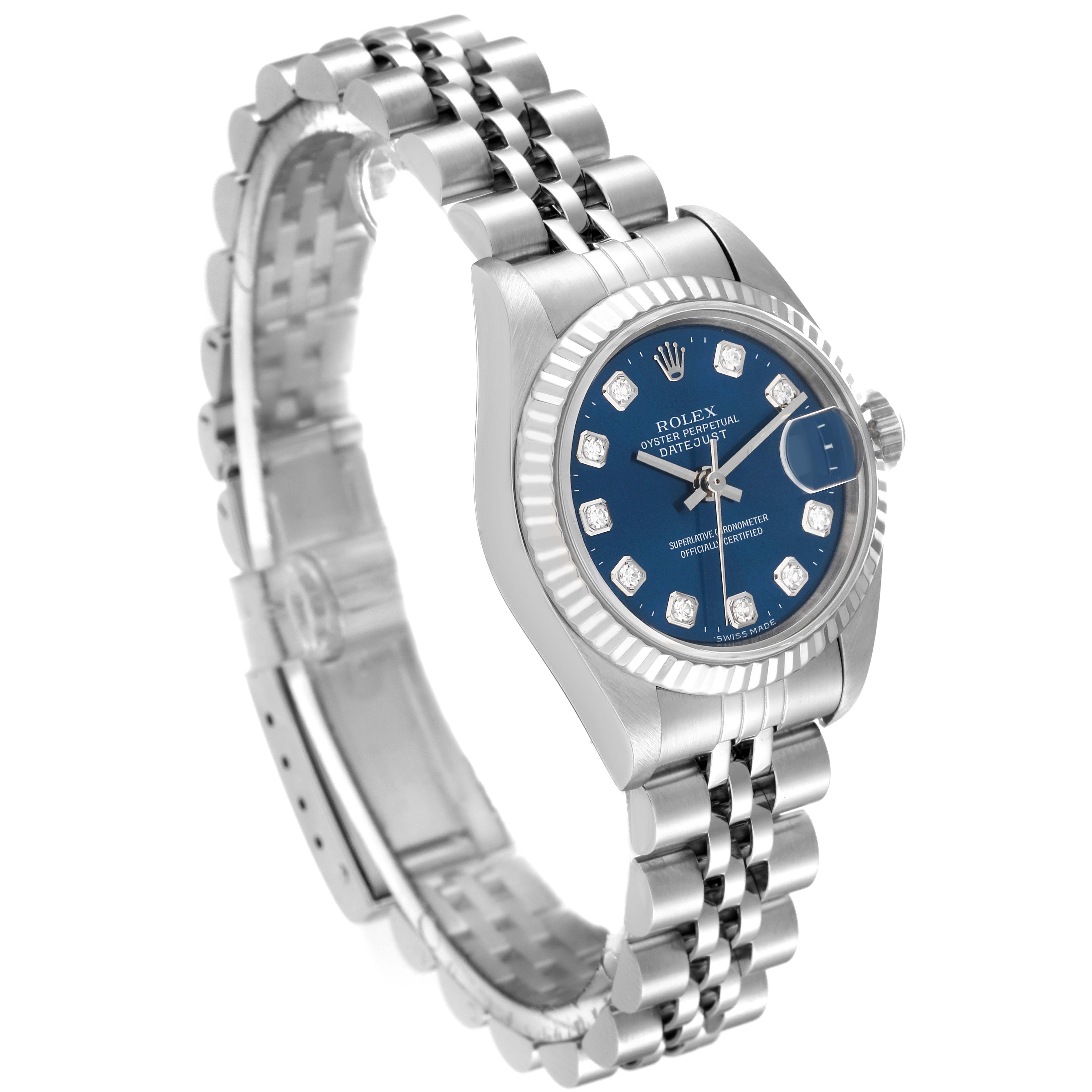 This image shows a Rolex Datejust 79174 Women's Stainless Steel Blue Dial 79174 Women's Stainless Steel Blue Dial watch at an angled view focusing on the face, bezel, and bracelet.