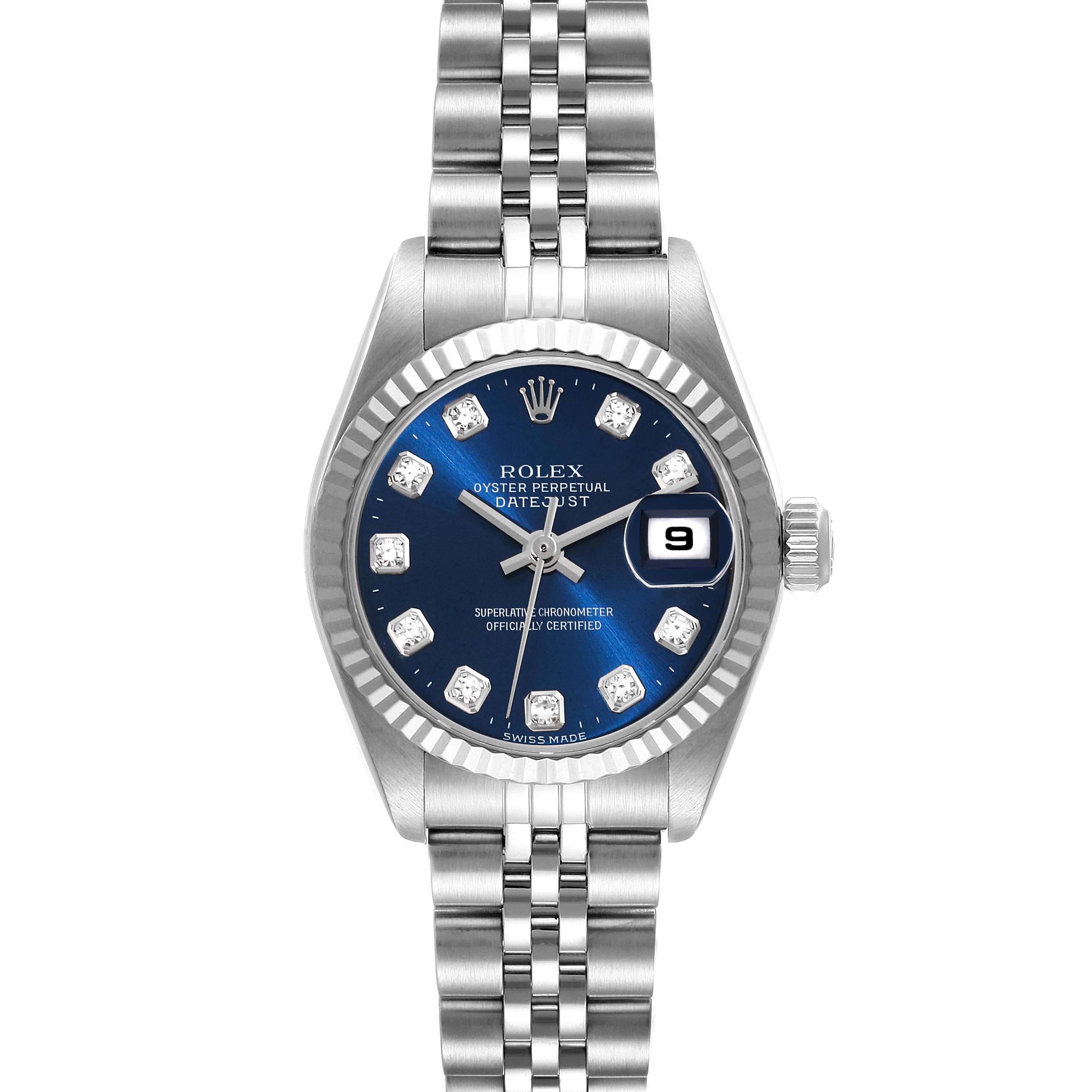 This image shows the Rolex Datejust 79174 Women's Stainless Steel Blue Dial 79174 Women's Stainless Steel Blue Dial watch from a front angle, highlighting the blue dial, date window, and stainless steel bracelet.