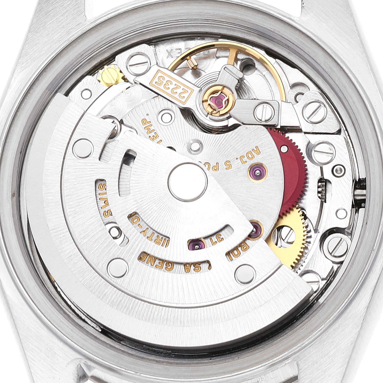 This image shows the movement and internal mechanism of a Rolex Datejust 79174 Women's Stainless Steel Blue Dial 79174 Women's Stainless Steel Blue Dial watch viewed from the back.