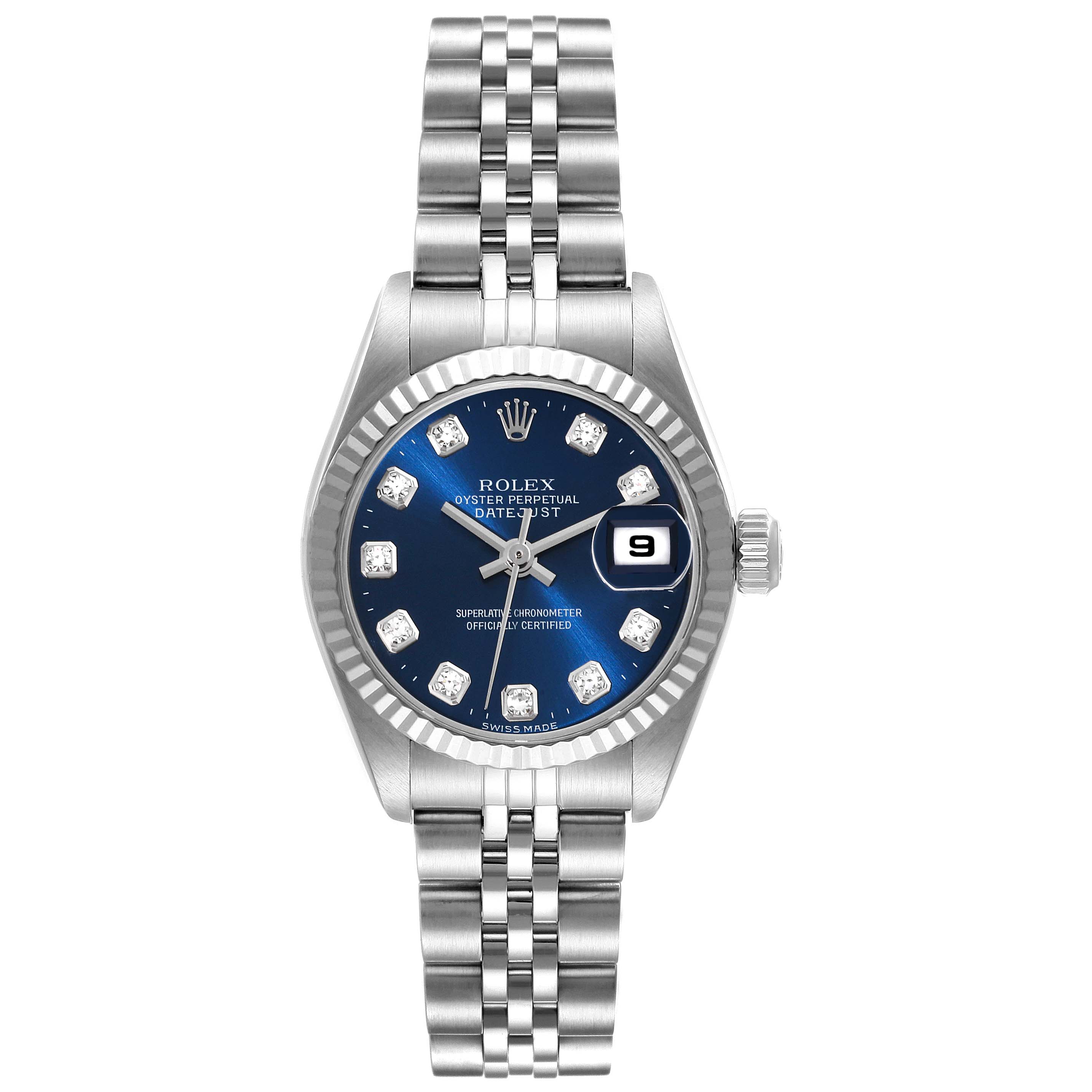 The image shows a frontal view of a Rolex Datejust 79174 Women's Stainless Steel Blue Dial 79174 Women's Stainless Steel Blue Dial watch, featuring its blue dial, diamond markers, fluted bezel, and Jubilee bracelet.