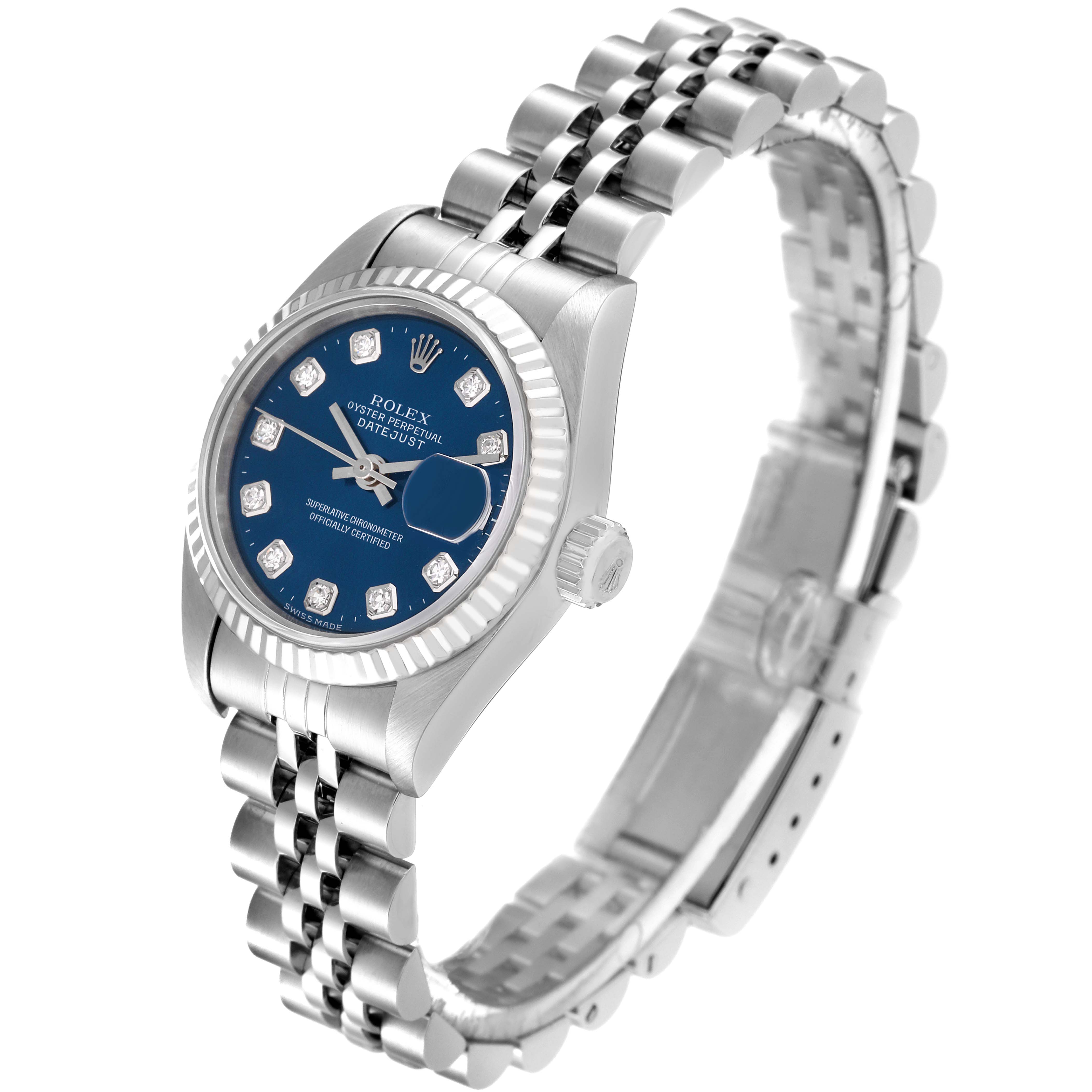 The image shows a Rolex Datejust 79174 Women's Stainless Steel Blue Dial 79174 Women's Stainless Steel Blue Dial watch at a slight angle, highlighting its face, bezel, crown, and jubilee bracelet.