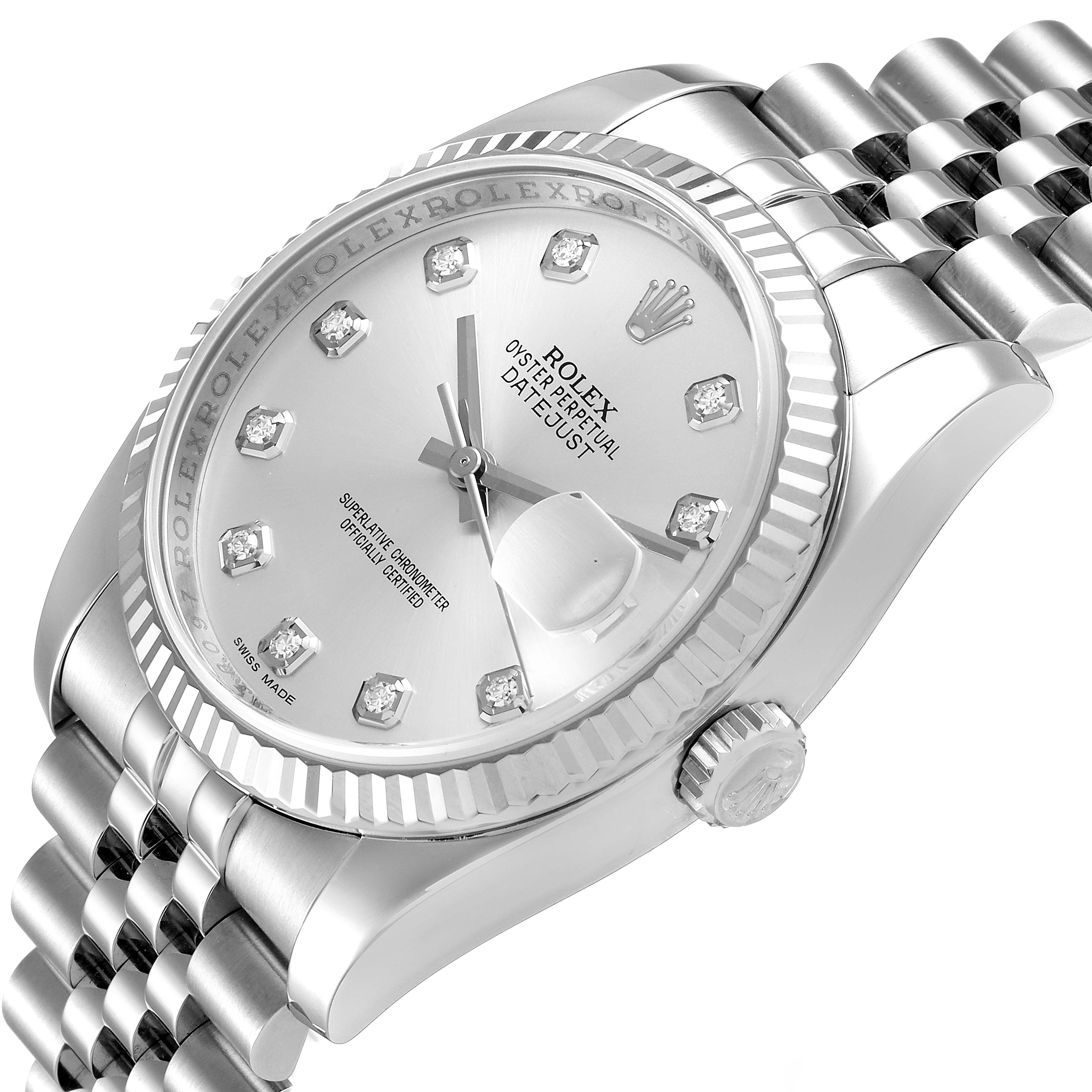 The Rolex Datejust 116234 Men's Stainless Steel Silver Dial 116234 Men's Stainless Steel Silver Dial watch is shown from an angled close-up, highlighting the dial, crown, and part of the bracelet.