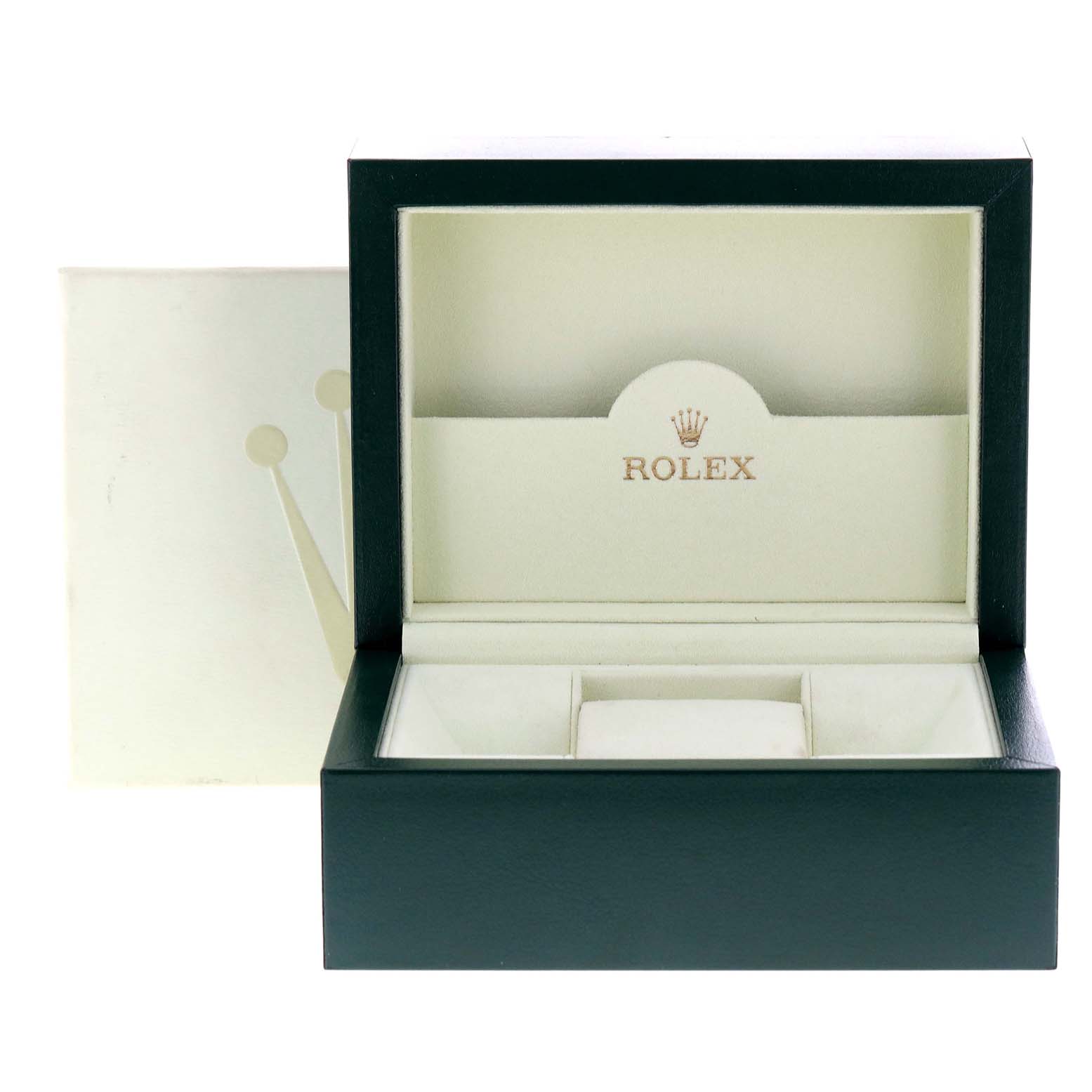 The image shows an open Rolex Datejust 116234 Men's Stainless Steel Silver Dial 116234 Men's Stainless Steel Silver Dial watch box with slots for the watch and accessories.