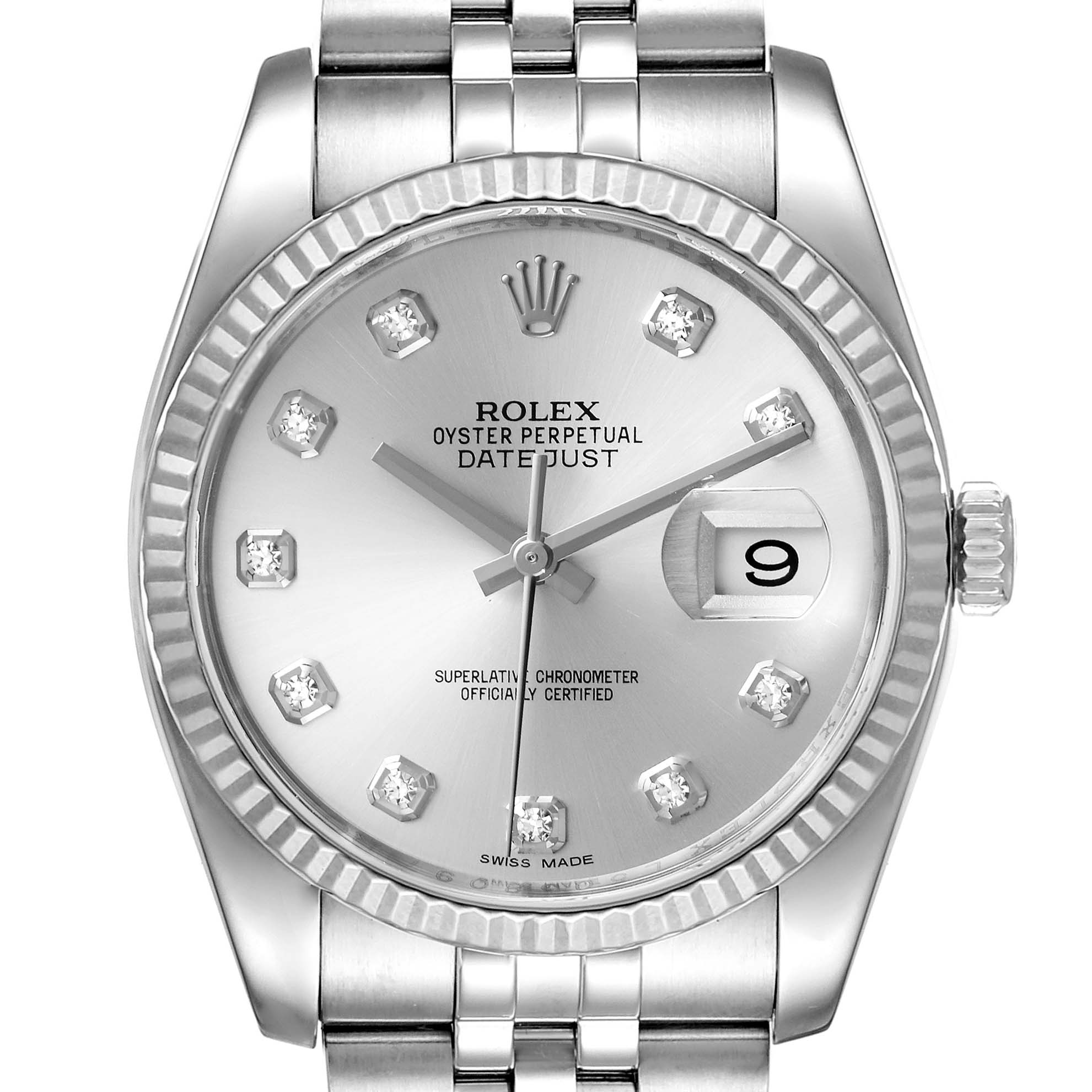 The image shows a front view of a Rolex Datejust 116234 Men's Stainless Steel Silver Dial 116234 Men's Stainless Steel Silver Dial watch displaying its dial, hands, date window, and bracelet.