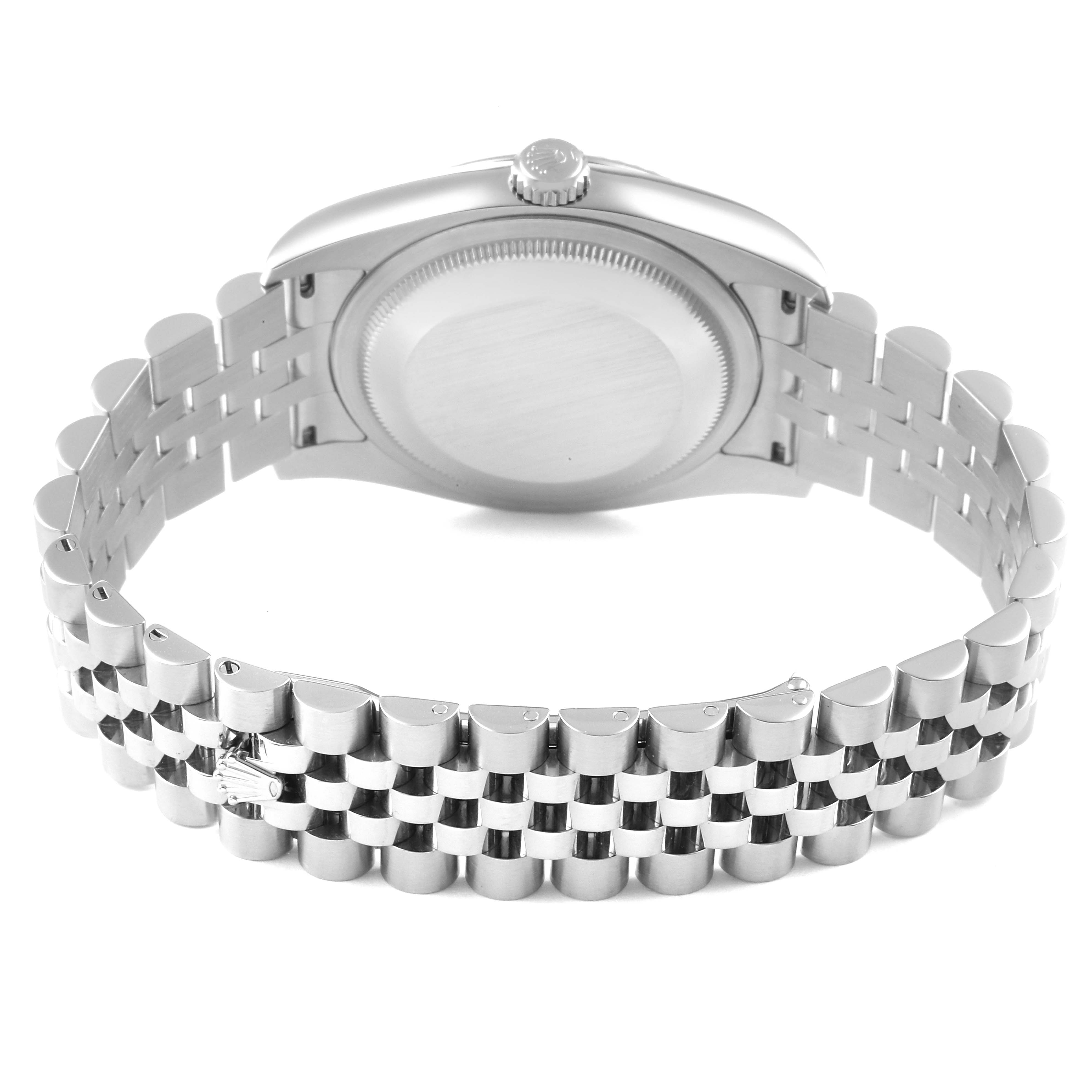 This image displays the back view of a Rolex Datejust 116234 Men's Stainless Steel Silver Dial 116234 Men's Stainless Steel Silver Dial model watch, focusing on the case back and bracelet.