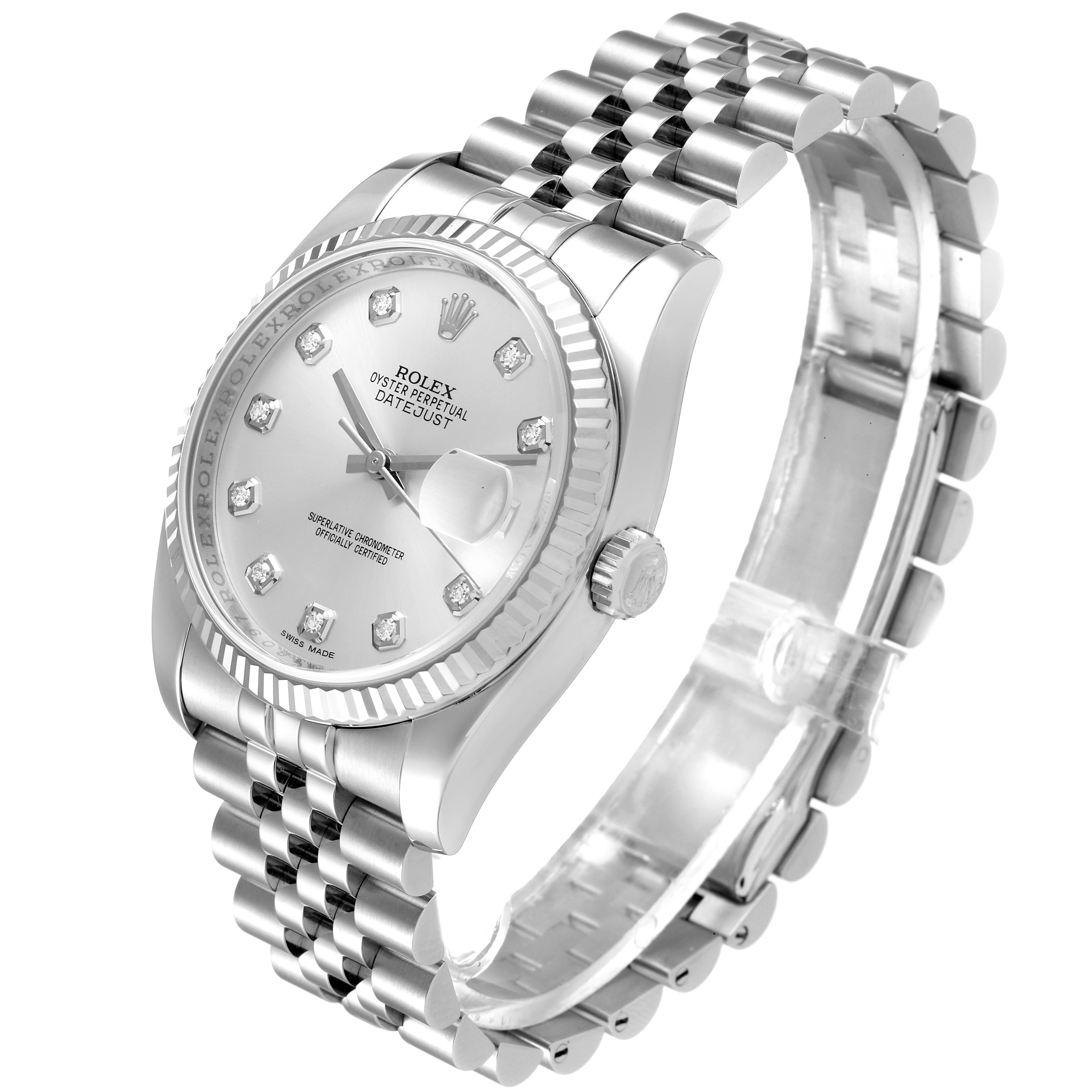The image shows a Rolex Datejust 116234 Men's Stainless Steel Silver Dial 116234 Men's Stainless Steel Silver Dial watch from an angled side view, showcasing its dial, bezel, crown, and Jubilee bracelet.