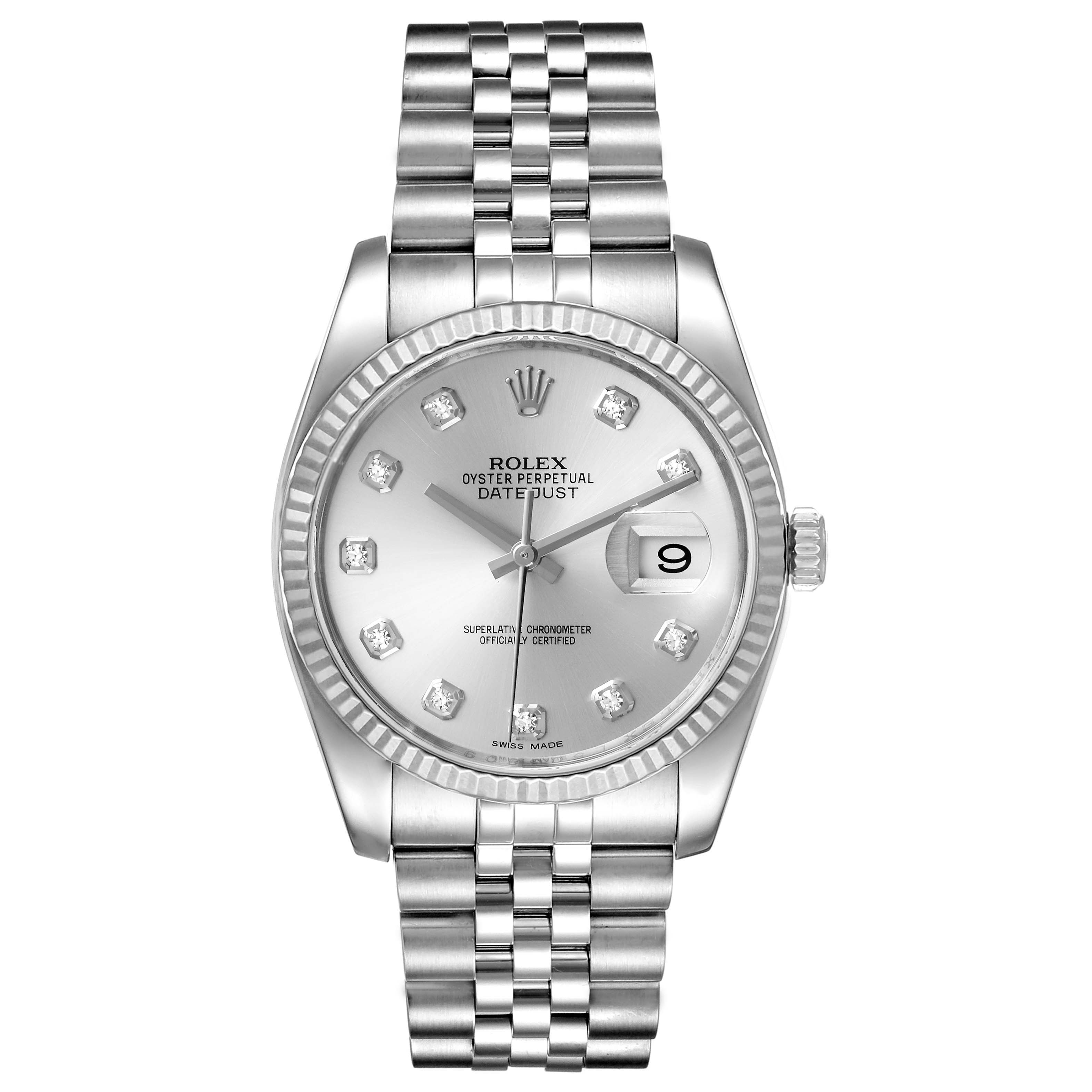 This is a front view of a Rolex Datejust 116234 Men's Stainless Steel Silver Dial 116234 Men's Stainless Steel Silver Dial watch, showing the dial, bezel, and bracelet.