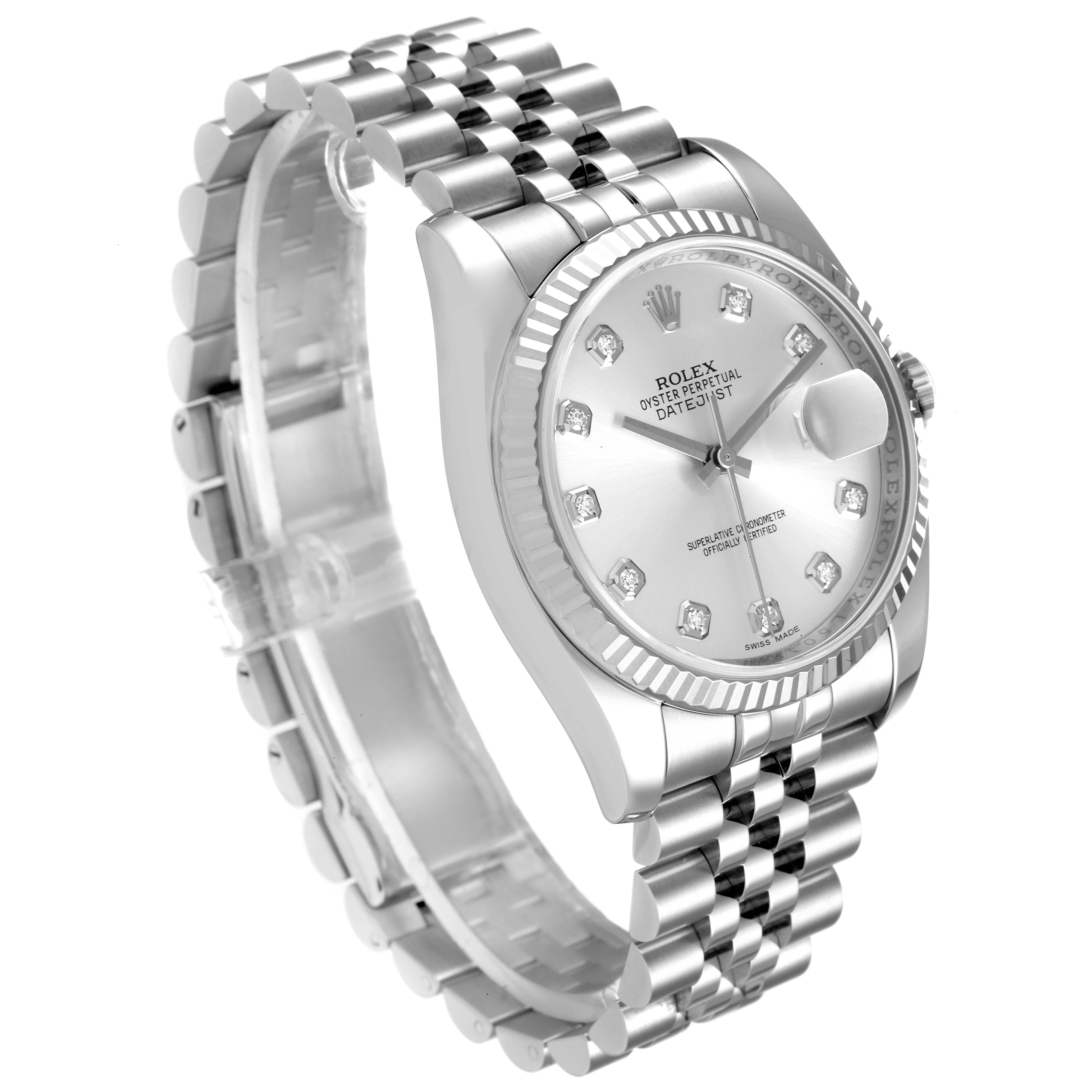 This Rolex Datejust 116234 Men's Stainless Steel Silver Dial 116234 Men's Stainless Steel Silver Dial model is shown at an angle displaying its face, bracelet, and side profile.