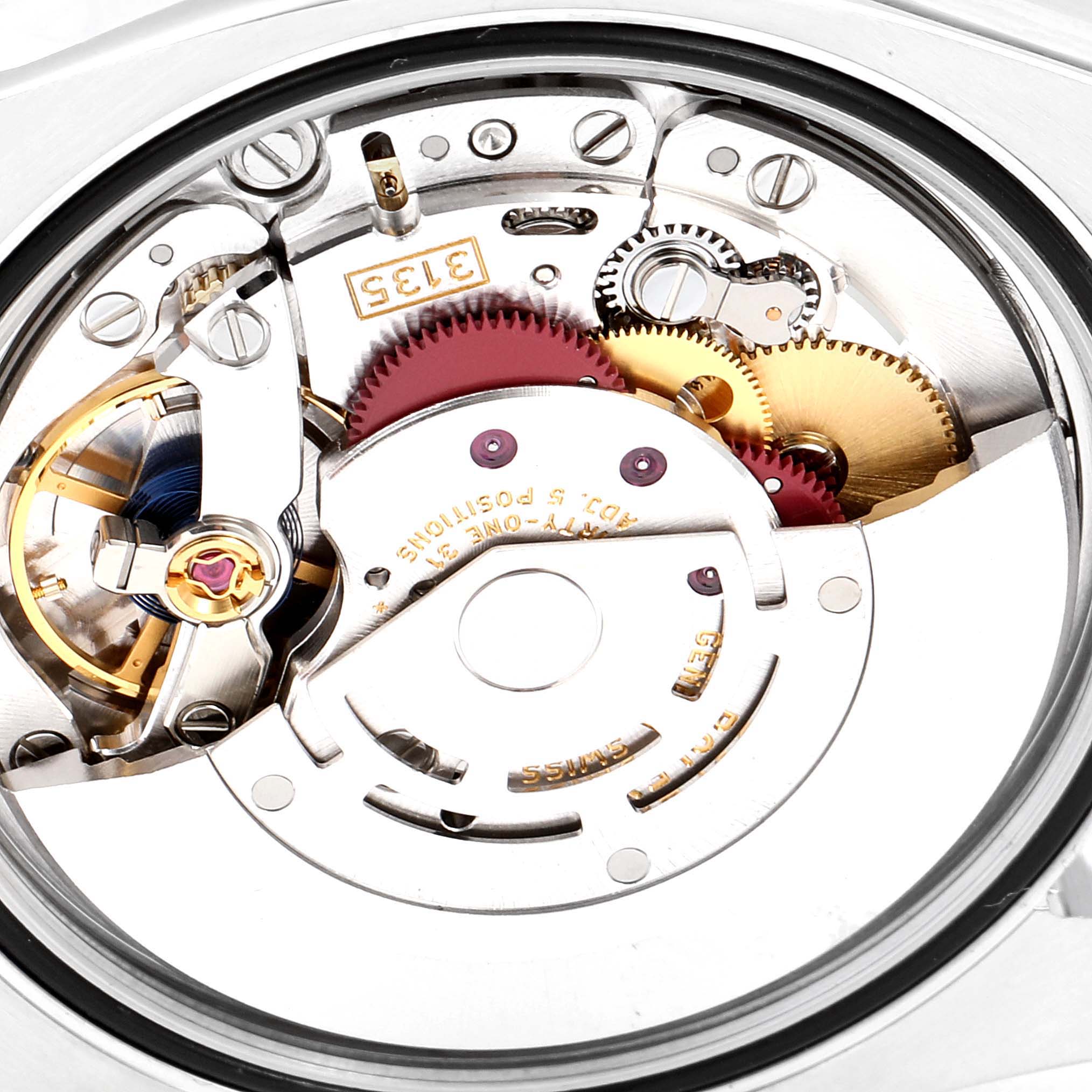This image shows a close-up of the internal mechanism of a Rolex Datejust 116234 Men's Stainless Steel Silver Dial 116234 Men's Stainless Steel Silver Dial watch, highlighting the gears and rotor.