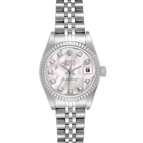 This Rolex Datejust watch is shown from a front angle, featuring its dial, bezel, and a portion of the bracelet.