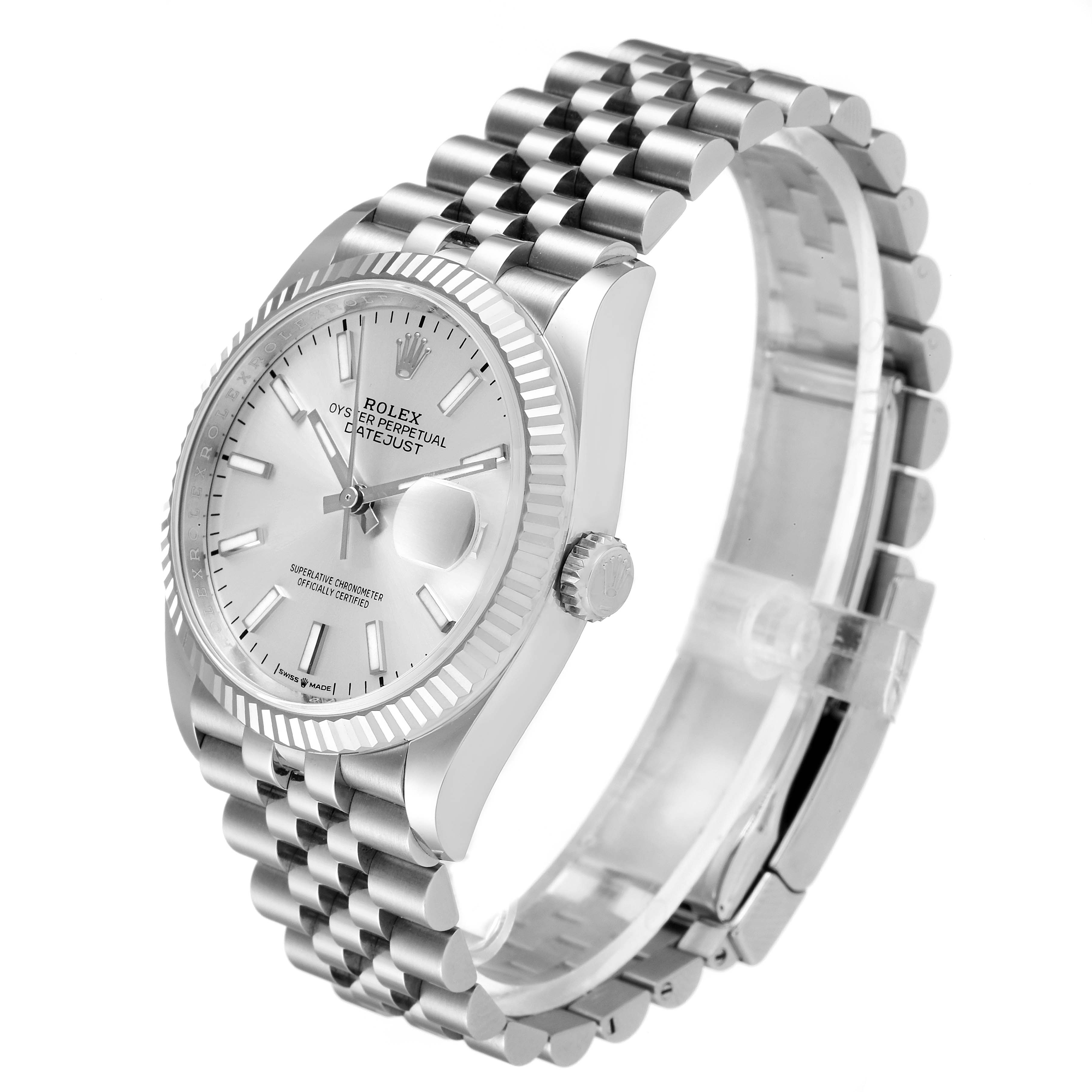 The image shows a Rolex Datejust 126234 Men's Stainless Steel Silver Dial 126234 Men's Stainless Steel Silver Dial watch at a 3/4 angle, highlighting its dial, bezel, crown, and bracelet.