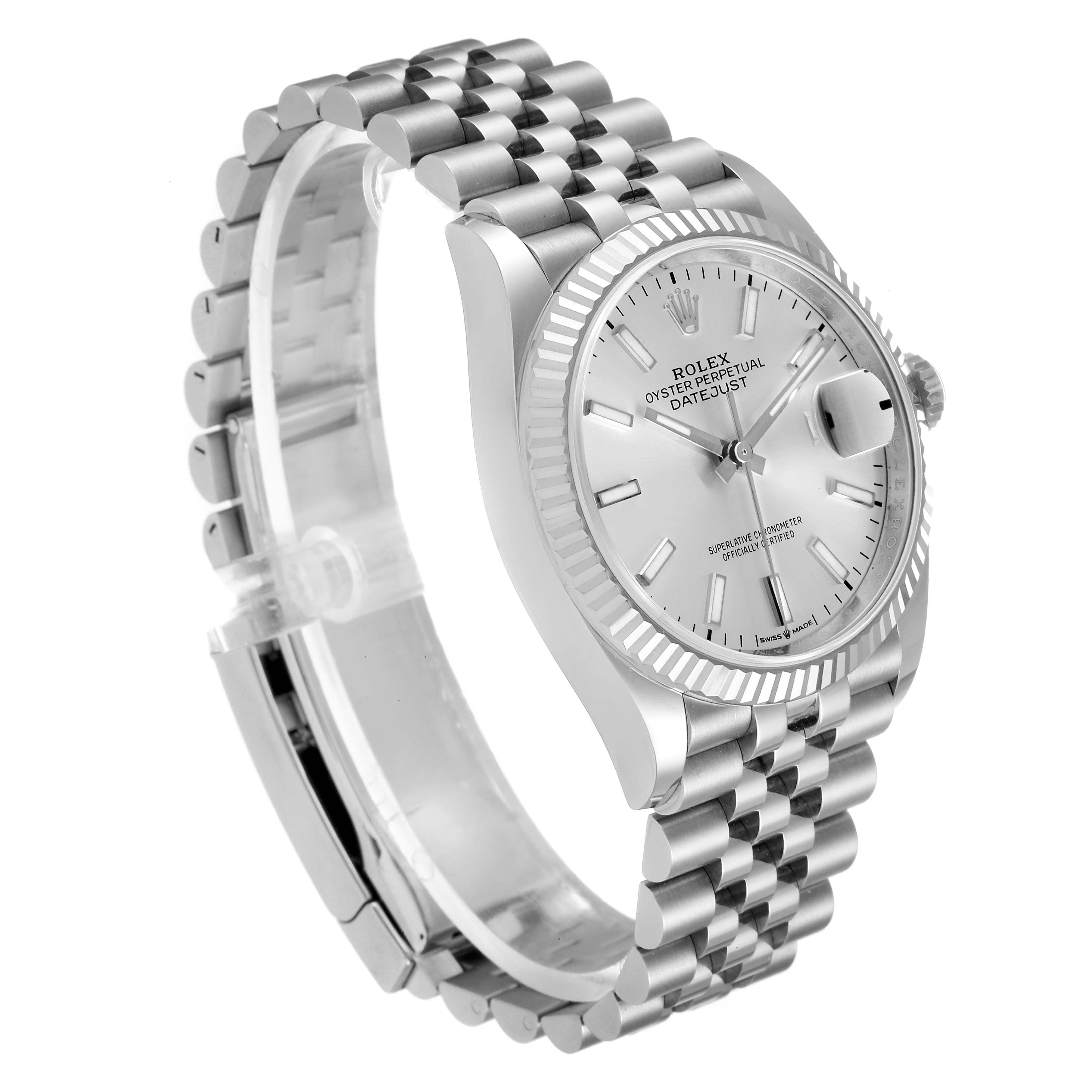 The image shows a Rolex Datejust 126234 Men's Stainless Steel Silver Dial 126234 Men's Stainless Steel Silver Dial watch at a three-quarter angle, highlighting the bracelet, dial, and fluted bezel.