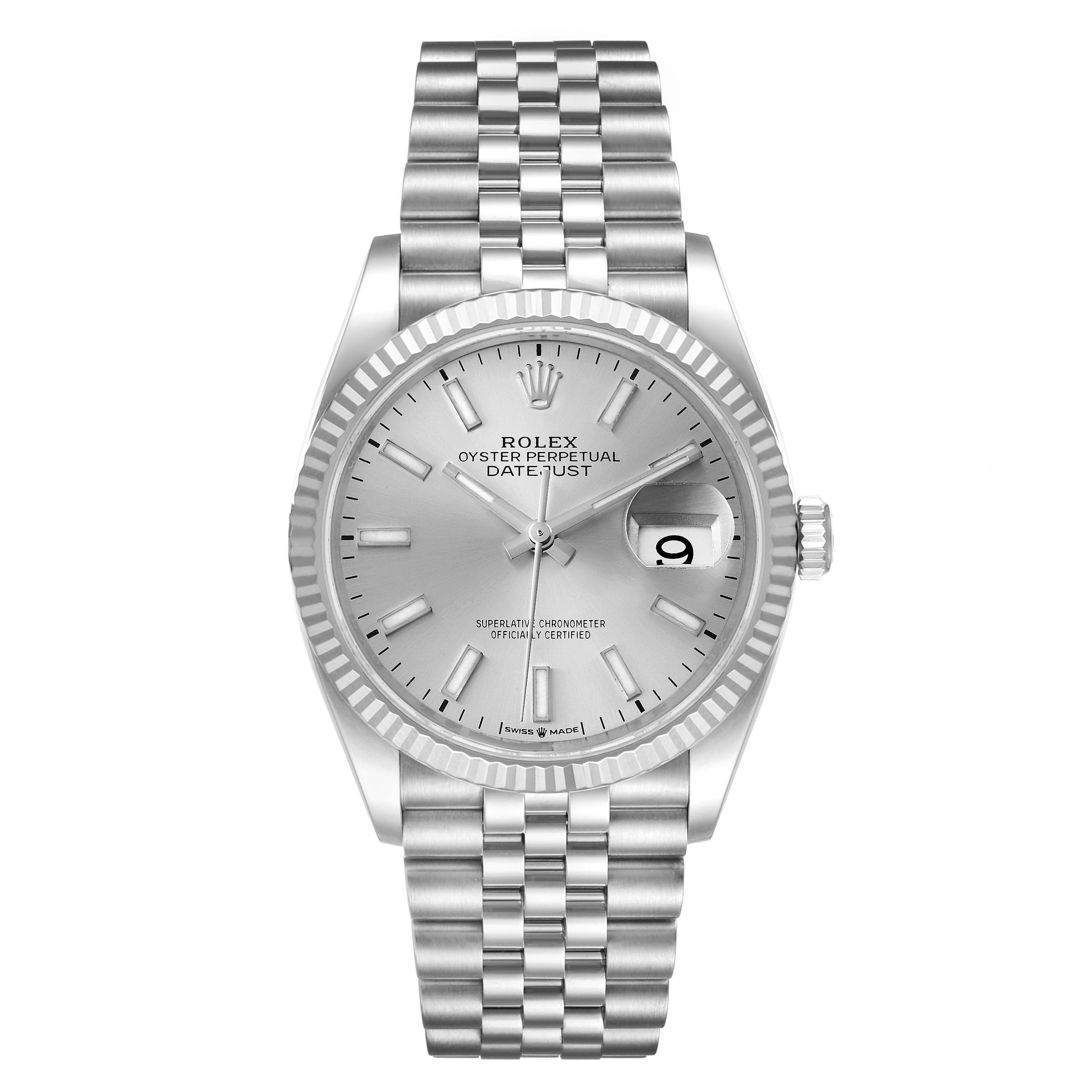 This image shows a front view of the Rolex Datejust 126234 Men's Stainless Steel Silver Dial 126234 Men's Stainless Steel Silver Dial watch, highlighting its silver dial, fluted bezel, and Jubilee bracelet.