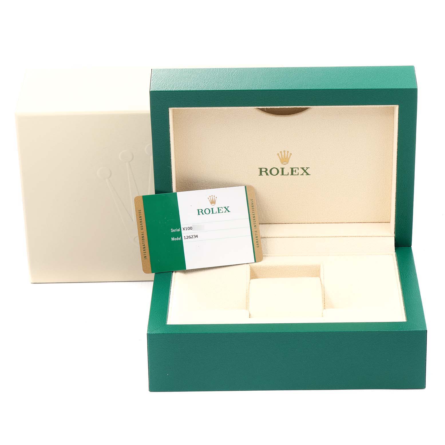 The image shows the open box and an identification card for the Rolex Datejust 126234 Men's Stainless Steel Silver Dial 126234 Men's Stainless Steel Silver Dial model.