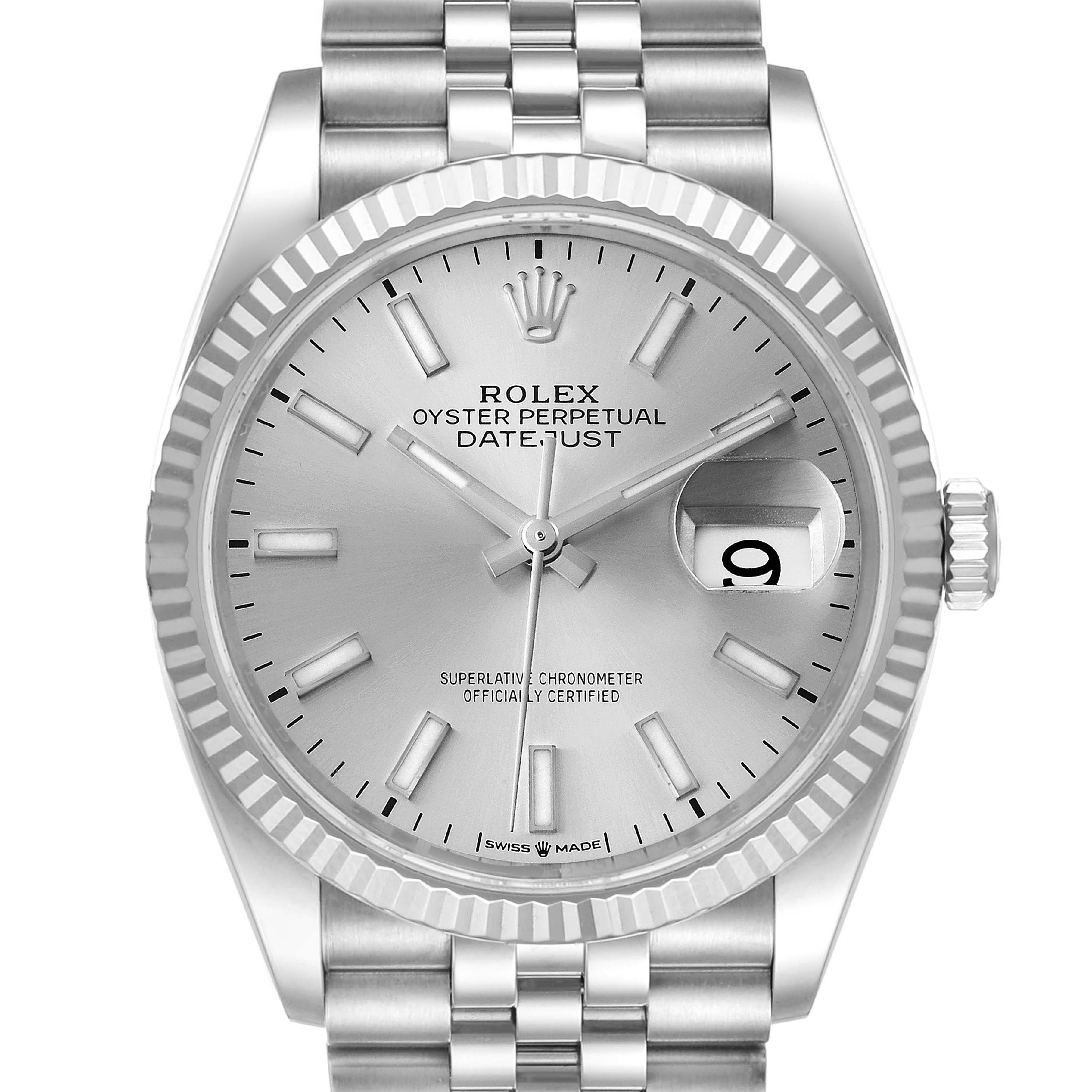 The image shows a frontal view of a Rolex Datejust 126234 Men's Stainless Steel Silver Dial 126234 Men's Stainless Steel Silver Dial watch, highlighting the face, bezel, and parts of the bracelet.