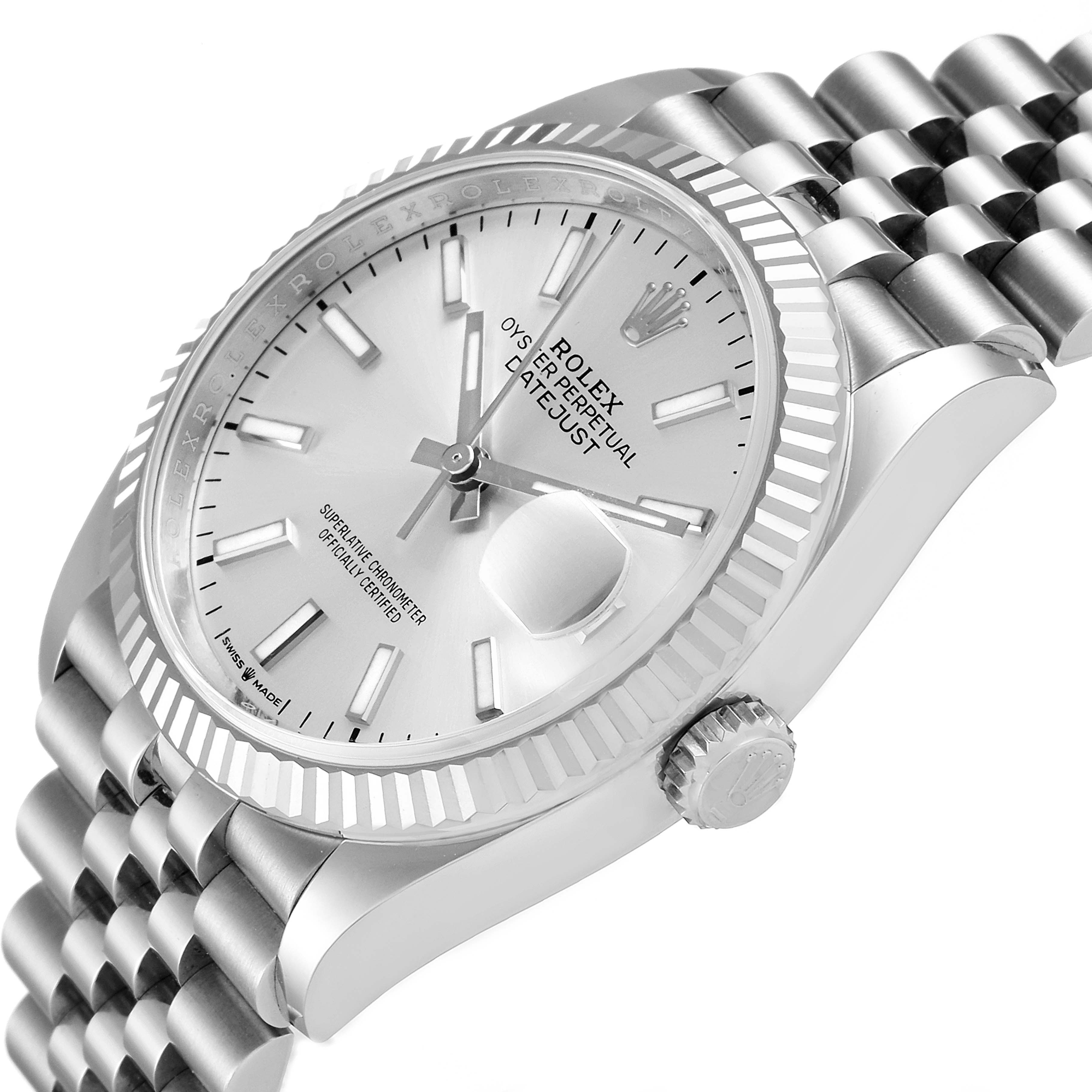 The image shows a silver Rolex Datejust 126234 Men's Stainless Steel Silver Dial 126234 Men's Stainless Steel Silver Dial watch at a three-quarter angle, highlighting the dial, bezel, and bracelet.