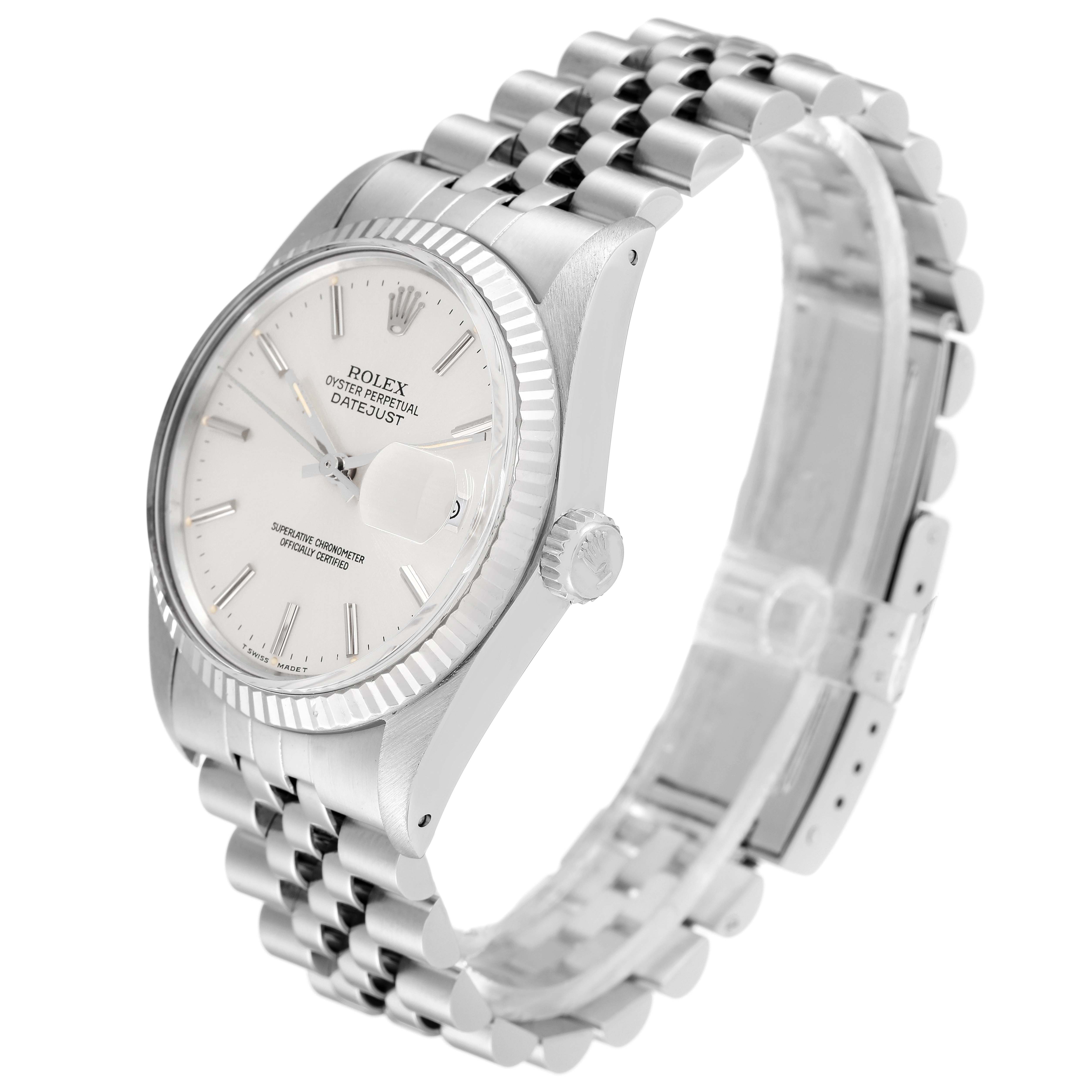 The image shows a side angle of the Rolex Vintage Collection 16014 Men
s Stainless Steel Silver Dial 16014 Men
s Stainless Steel Silver Dial Datejust, highlighting the dial, crown, and bracelet.